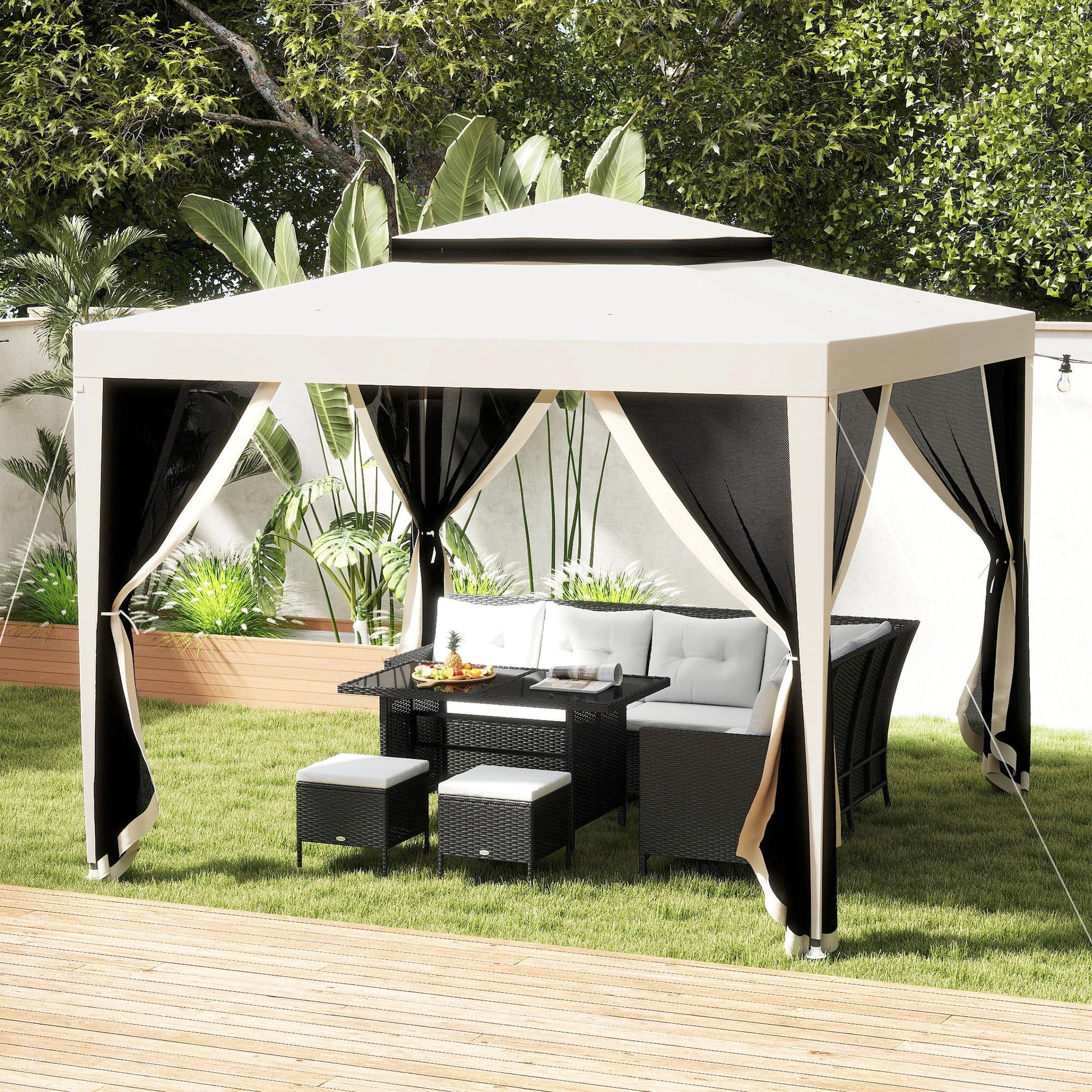 10' x 10' Canopy Tent, Party Tent with Mesh Netting and Double Tier Roof for Backyard, Garden, Patio, Outdoor, Beige
