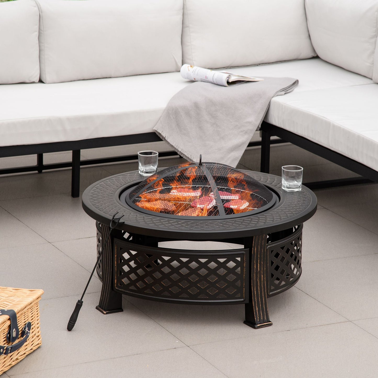 Outdoor Fire Pit, Round Firepit with Grill Net, Mesh Lid, Poker, for Backyard, Camping, Bonfire, Picnic, Bronze