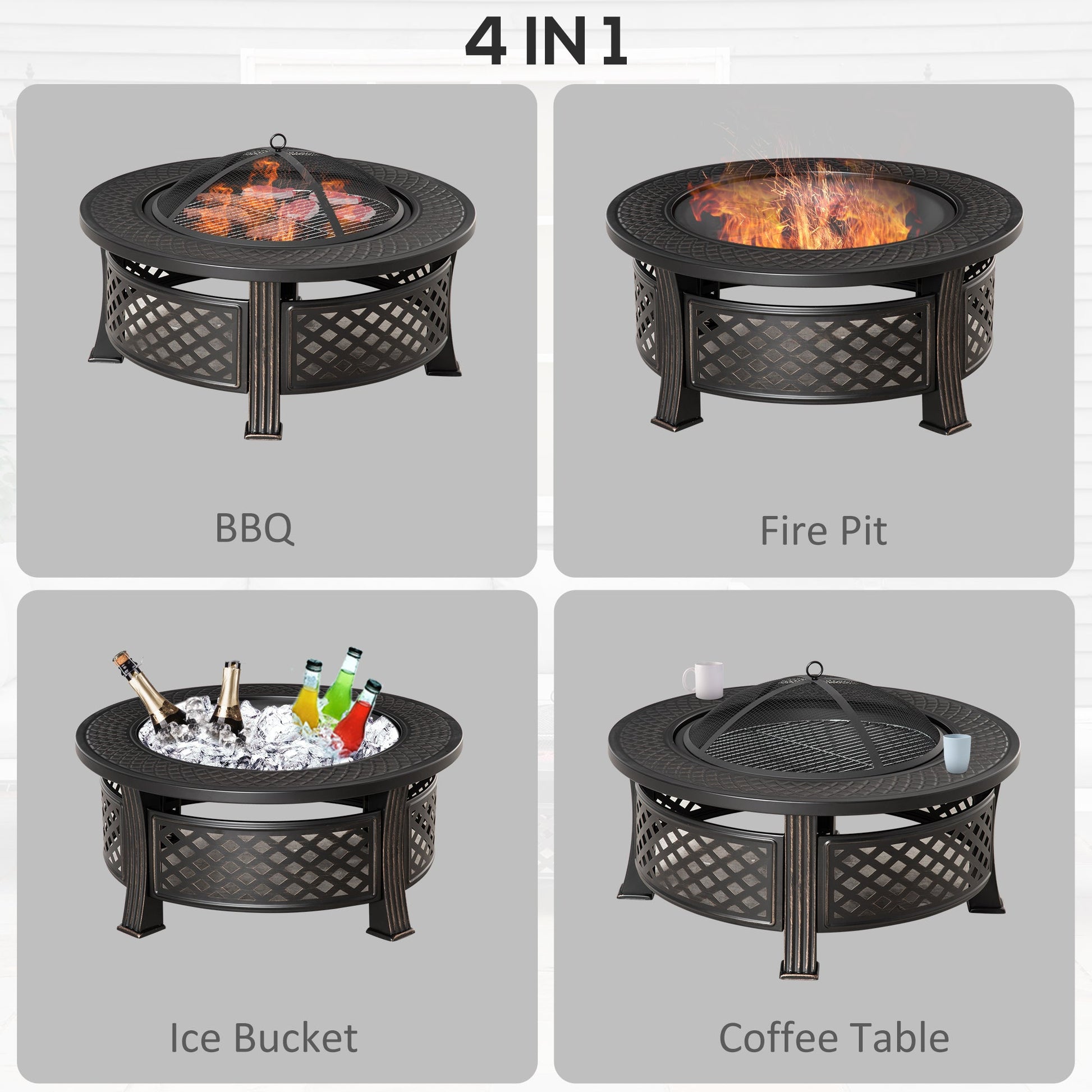 Outdoor Fire Pit, Round Firepit with Grill Net, Mesh Lid, Poker, for Backyard, Camping, Bonfire, Picnic, Bronze