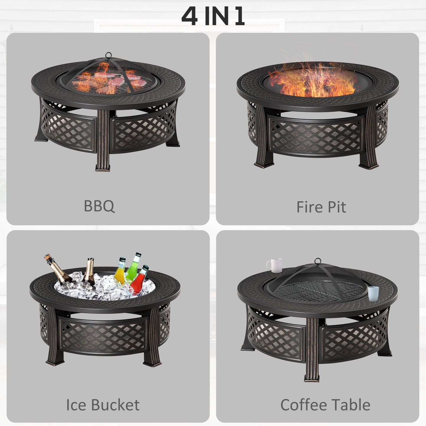 Outdoor Fire Pit, Round Firepit with Grill Net, Mesh Lid, Poker, for Backyard, Camping, Bonfire, Picnic, Bronze