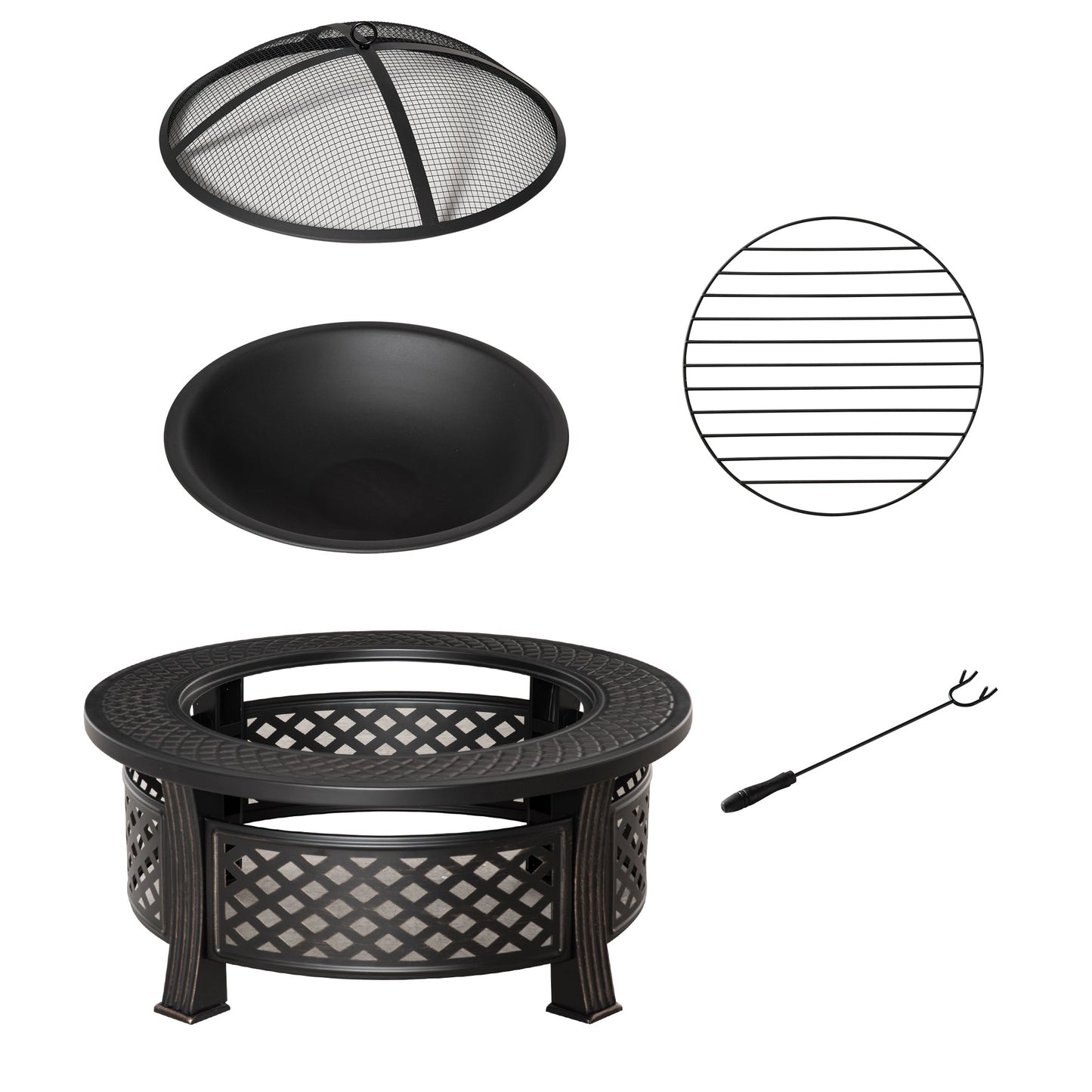 Outdoor Fire Pit, Round Firepit with Grill Net, Mesh Lid, Poker, for Backyard, Camping, Bonfire, Picnic, Bronze