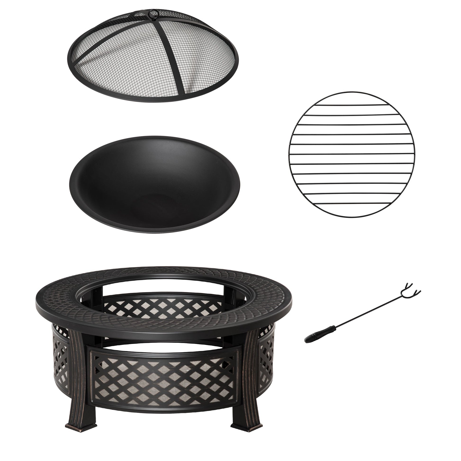 Outdoor Fire Pit, Round Firepit with Grill Net, Mesh Lid, Poker, for Backyard, Camping, Bonfire, Picnic, Bronze