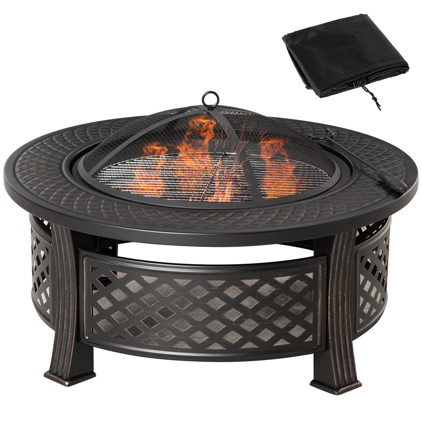 Outdoor Fire Pit, Round Firepit with Grill Net, Mesh Lid, Poker, for Backyard, Camping, Bonfire, Picnic, Bronze
