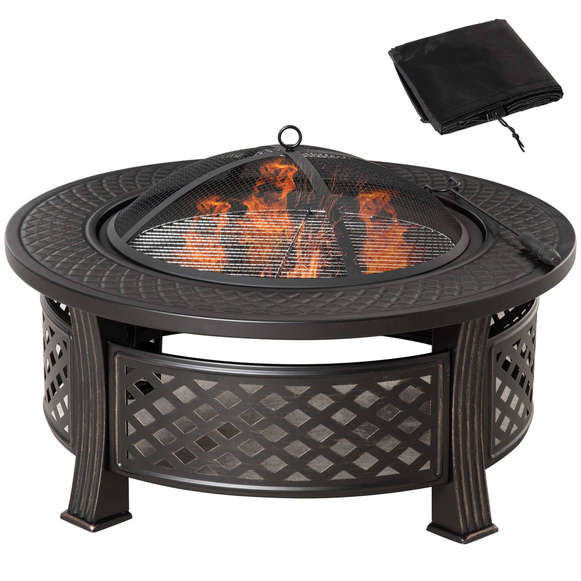 Outdoor Fire Pit, Round Firepit with Grill Net, Mesh Lid, Poker, for Backyard, Camping, Bonfire, Picnic, Bronze