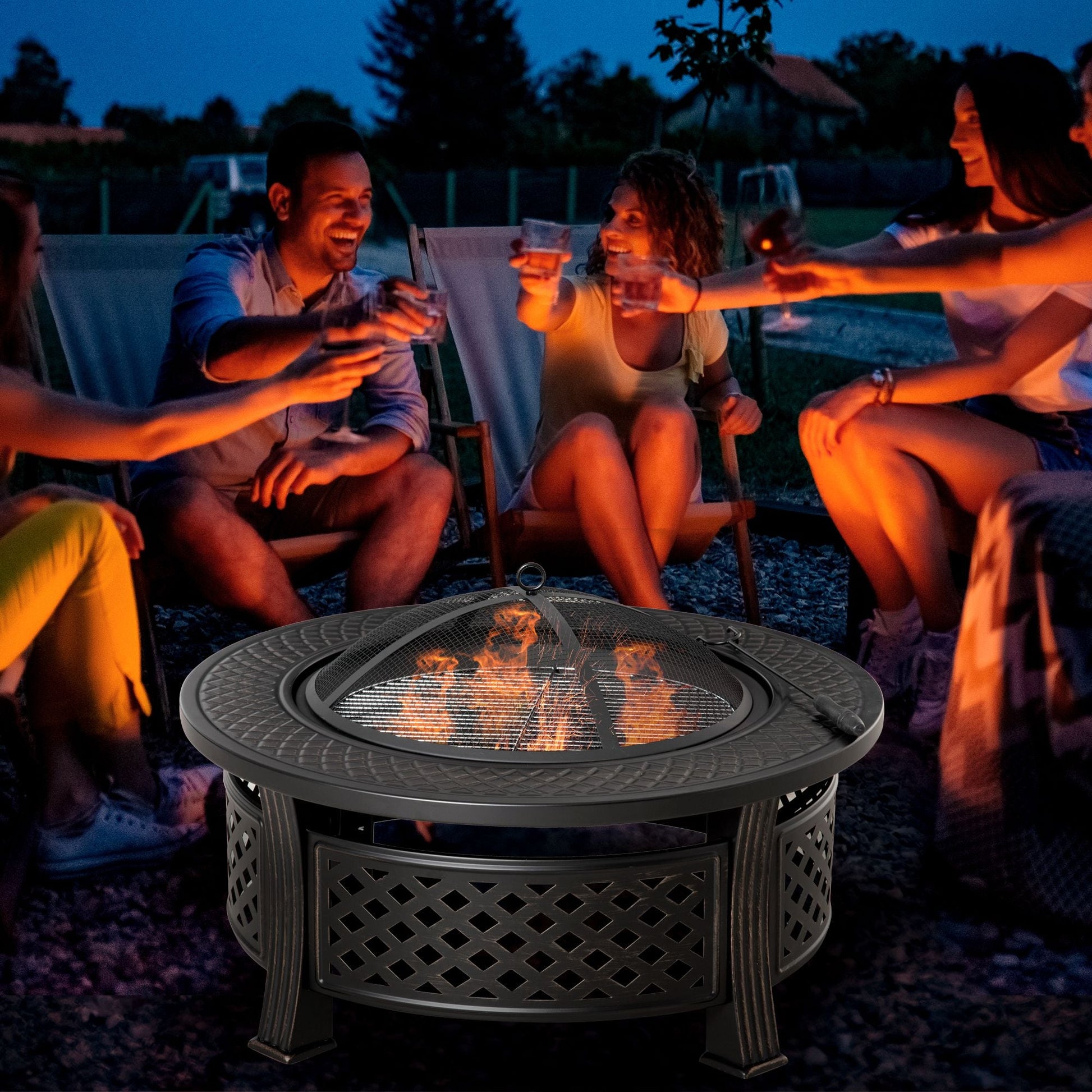 Outdoor Fire Pit, Round Firepit with Grill Net, Mesh Lid, Poker, for Backyard, Camping, Bonfire, Picnic, Bronze