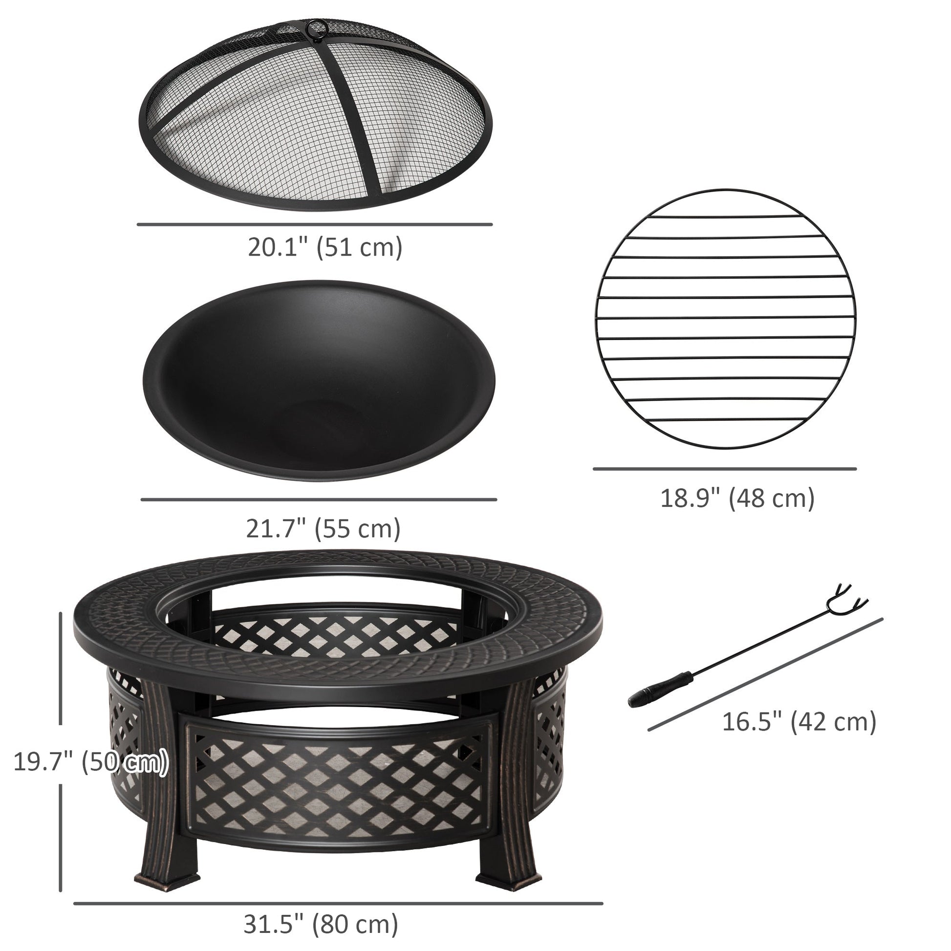 Outdoor Fire Pit, Round Firepit with Grill Net, Mesh Lid, Poker, for Backyard, Camping, Bonfire, Picnic, Bronze