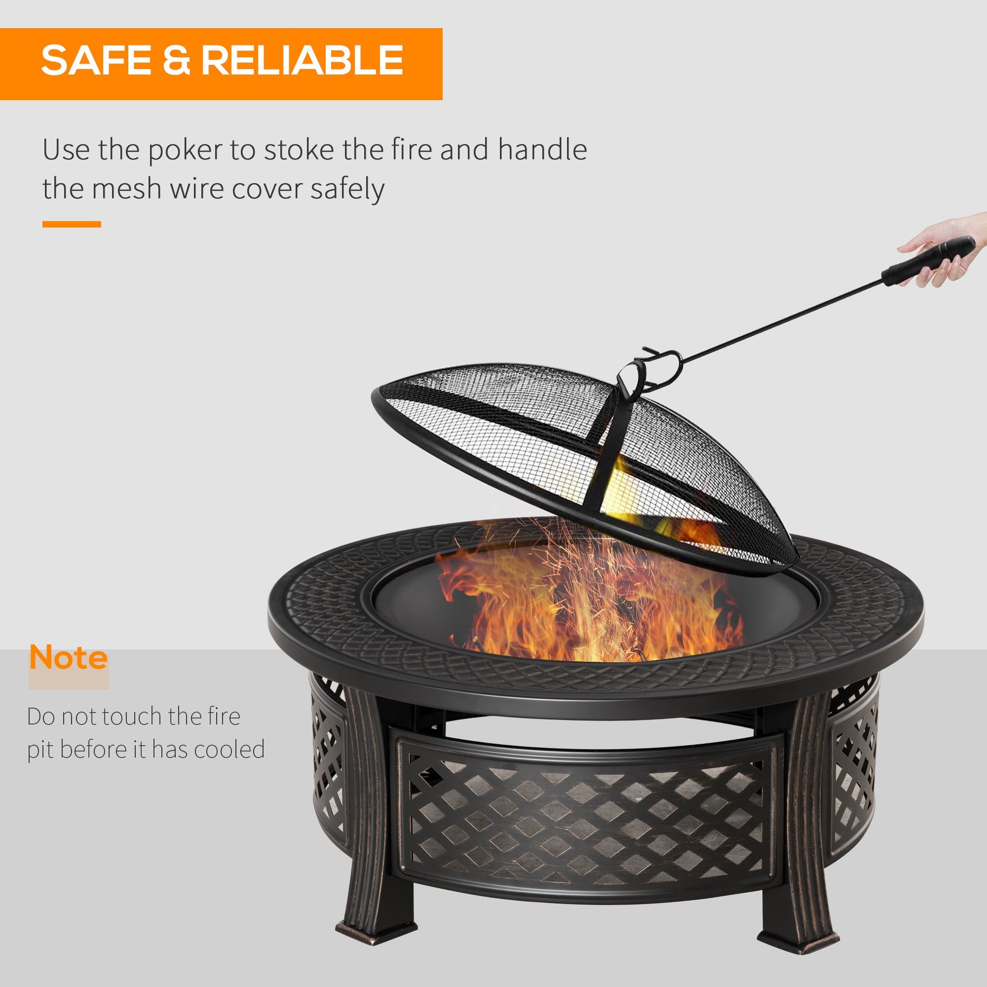 Outdoor Fire Pit, Round Firepit with Grill Net, Mesh Lid, Poker, for Backyard, Camping, Bonfire, Picnic, Bronze