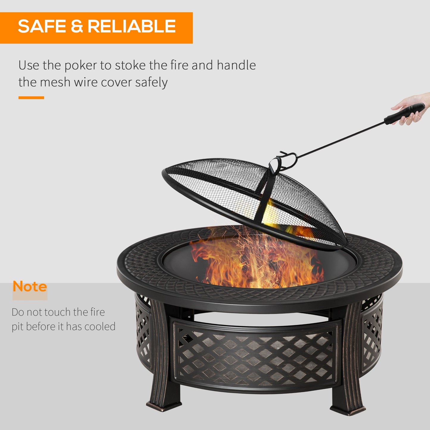 Outdoor Fire Pit, Round Firepit with Grill Net, Mesh Lid, Poker, for Backyard, Camping, Bonfire, Picnic, Bronze