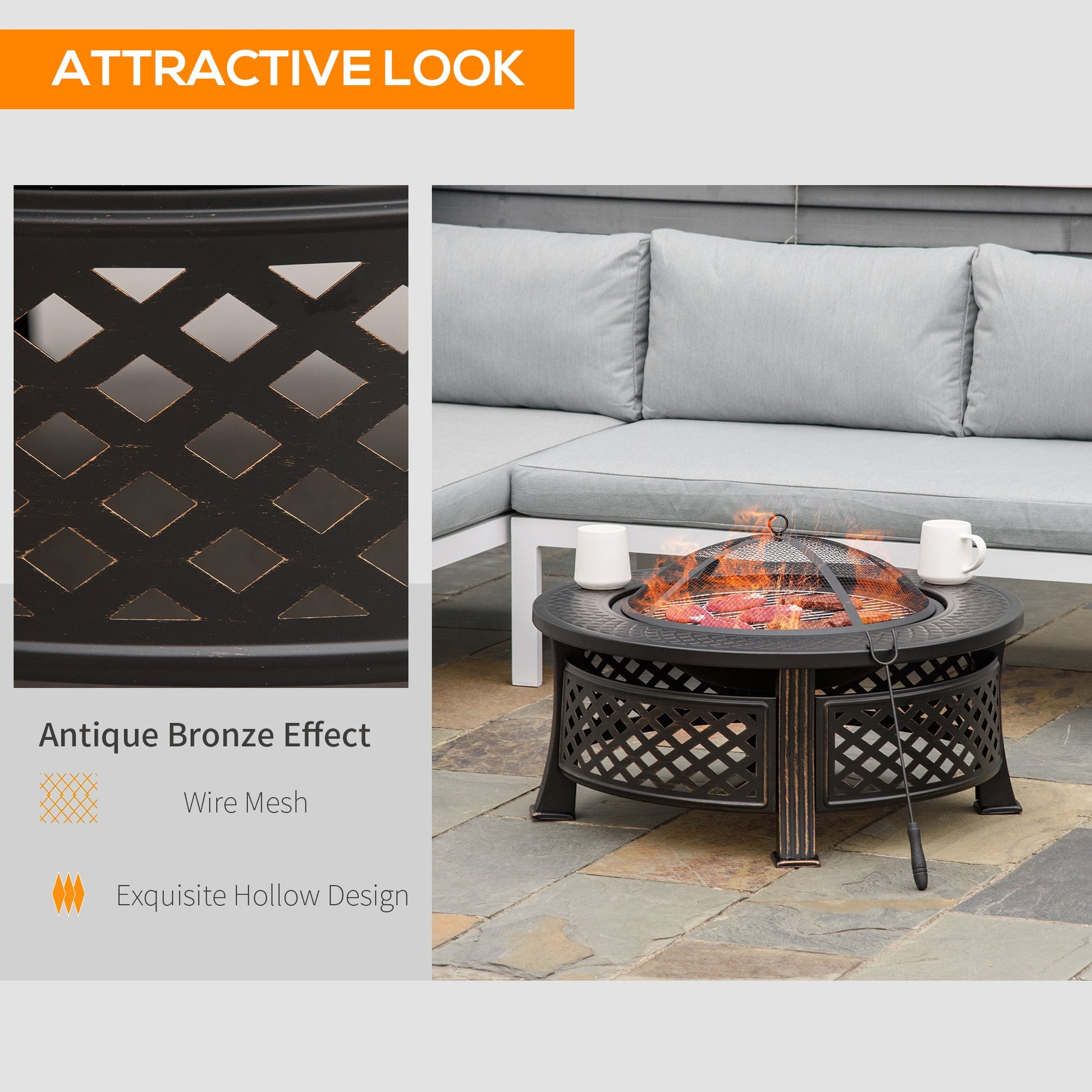 Outdoor Fire Pit, Round Firepit with Grill Net, Mesh Lid, Poker, for Backyard, Camping, Bonfire, Picnic, Bronze