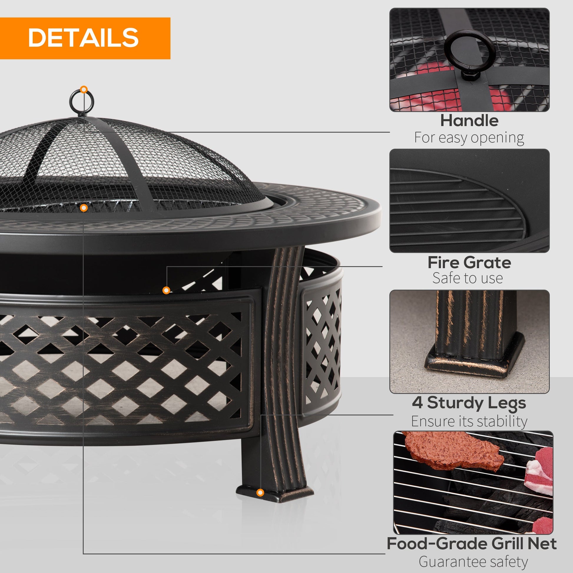 Outdoor Fire Pit, Round Firepit with Grill Net, Mesh Lid, Poker, for Backyard, Camping, Bonfire, Picnic, Bronze
