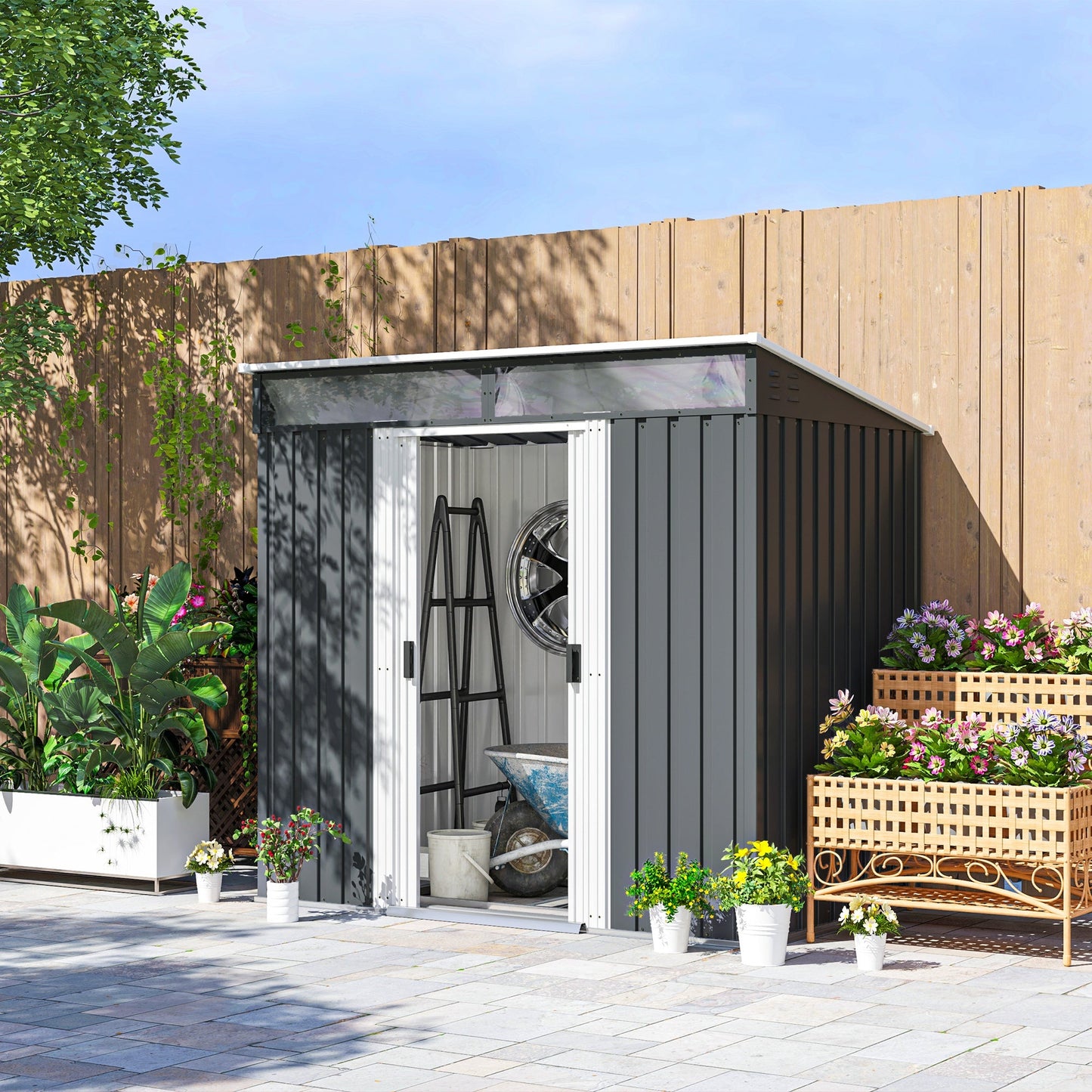 6.5' x 4' Outdoor Storage Shed with Foundation Kit, Lockable Metal Garden Tool Storage House Organizer with Sliding Doors and Vents for Backyard, Patio, Lawn, Grey