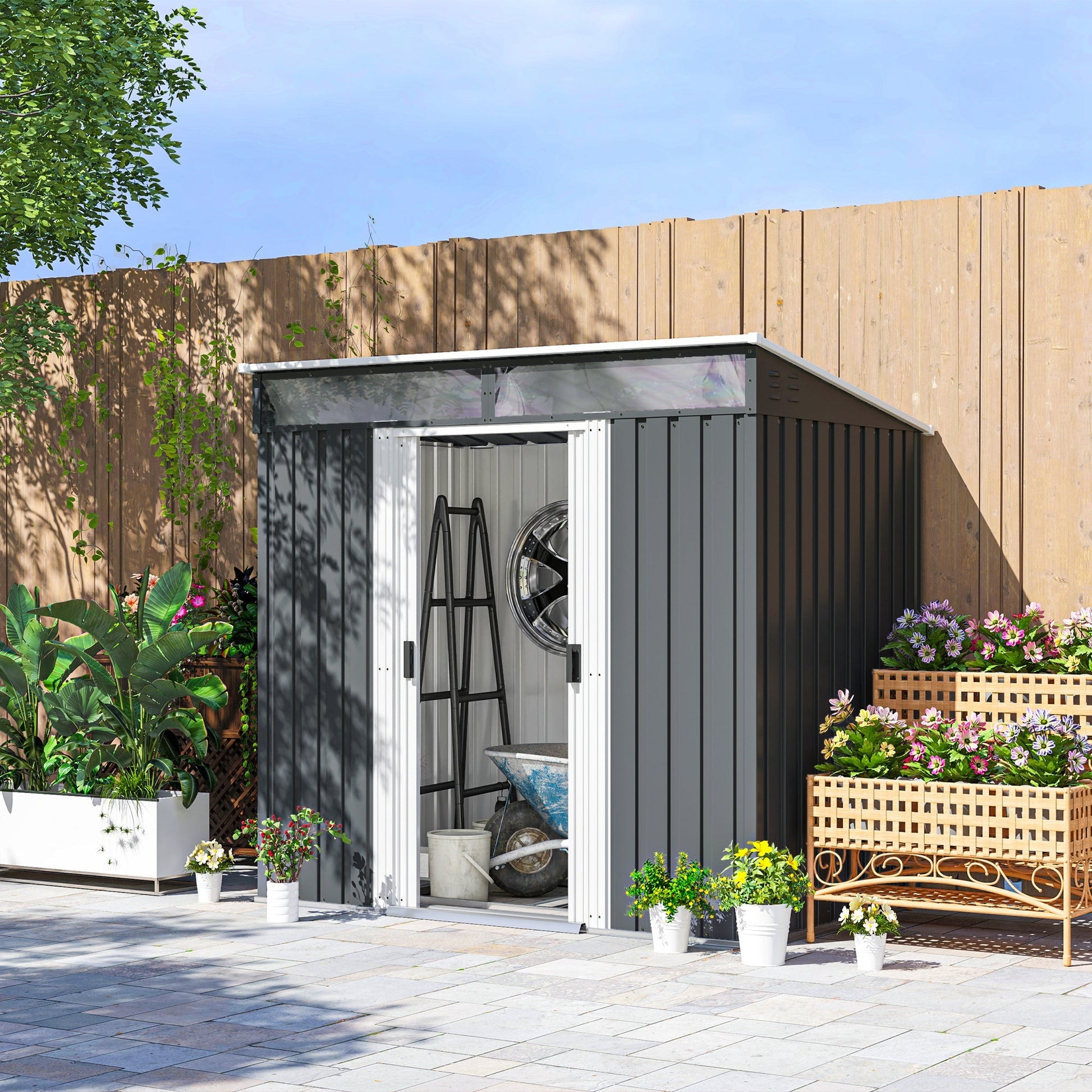 6.5' x 4' Outdoor Storage Shed with Foundation Kit, Lockable Metal Garden Tool Storage House Organizer with Sliding Doors and Vents for Backyard, Patio, Lawn, Grey
