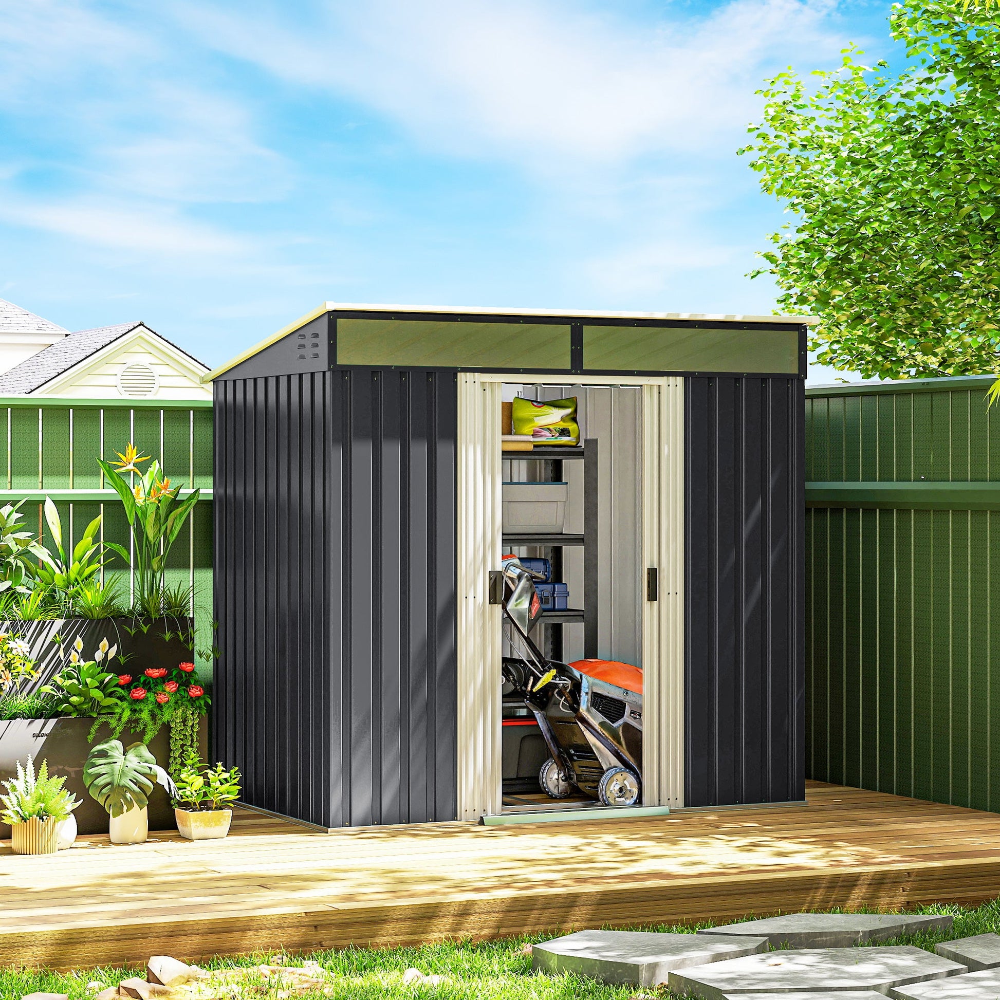 6.5' x 4' Outdoor Storage Shed with Foundation Kit, Lockable Metal Garden Tool Storage House Organizer with Sliding Doors and Vents for Backyard, Patio, Lawn, Grey