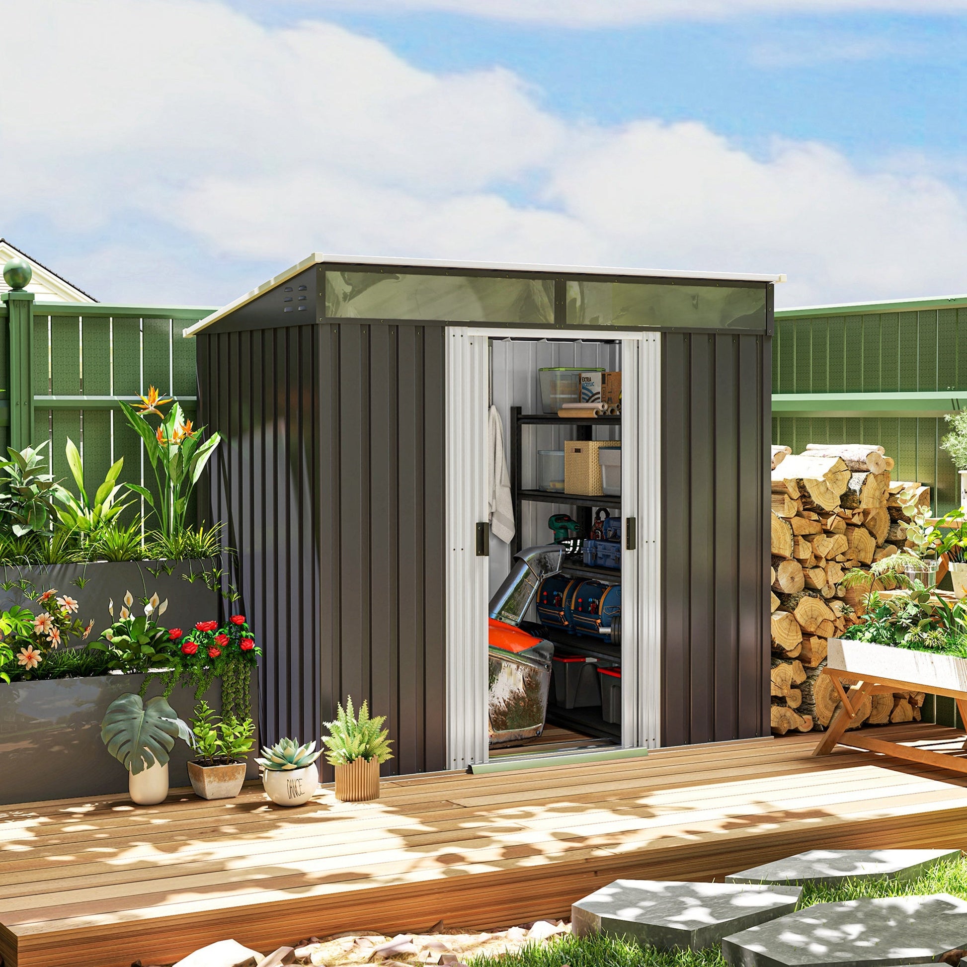 6.5' x 4' Outdoor Storage Shed with Foundation Kit, Lockable Metal Garden Tool Storage House Organizer with Sliding Doors and Vents for Backyard, Patio, Lawn, Grey