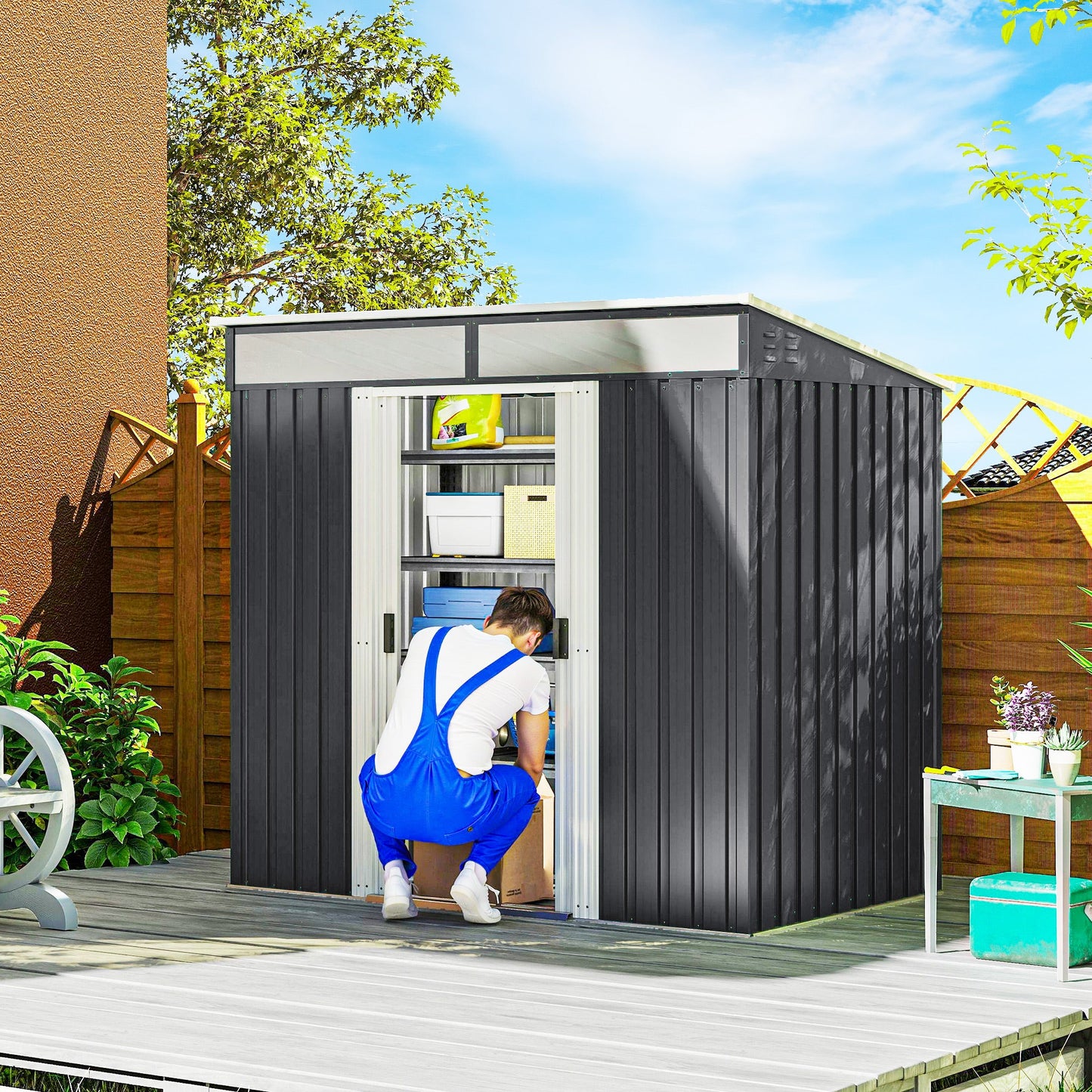 6.5' x 4' Outdoor Storage Shed with Foundation Kit, Lockable Metal Garden Tool Storage House Organizer with Sliding Doors and Vents for Backyard, Patio, Lawn, Grey