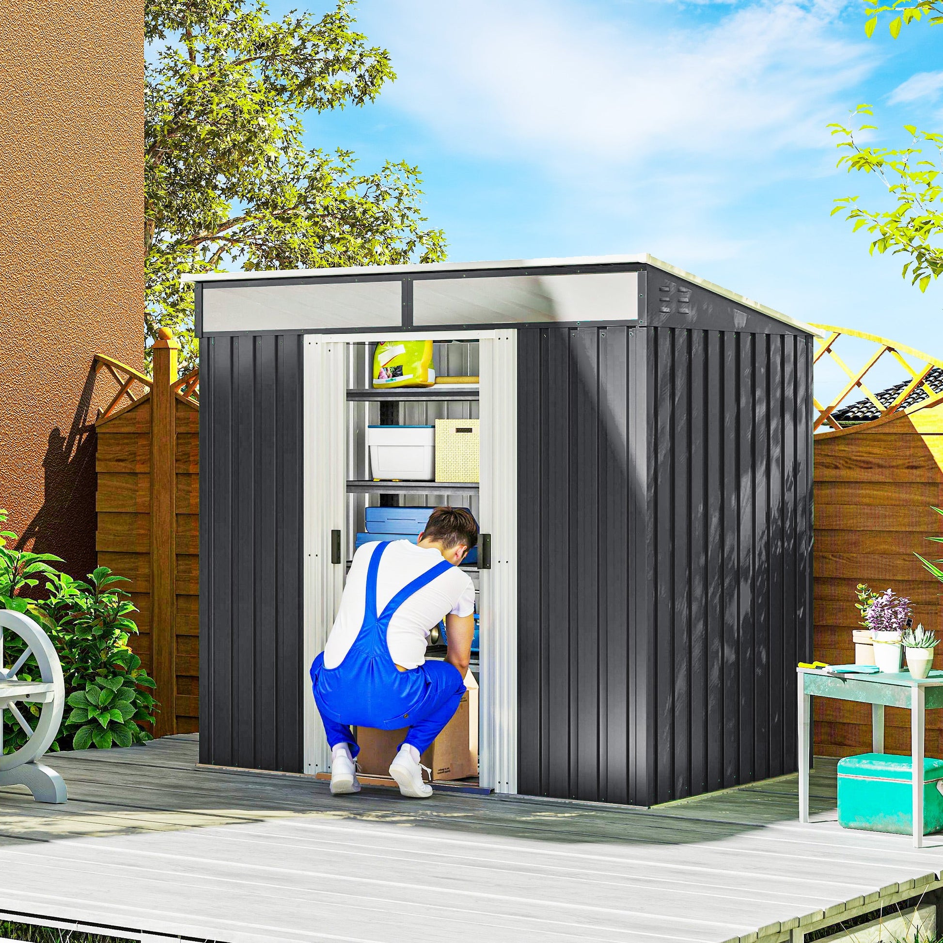6.5' x 4' Outdoor Storage Shed with Foundation Kit, Lockable Metal Garden Tool Storage House Organizer with Sliding Doors and Vents for Backyard, Patio, Lawn, Grey