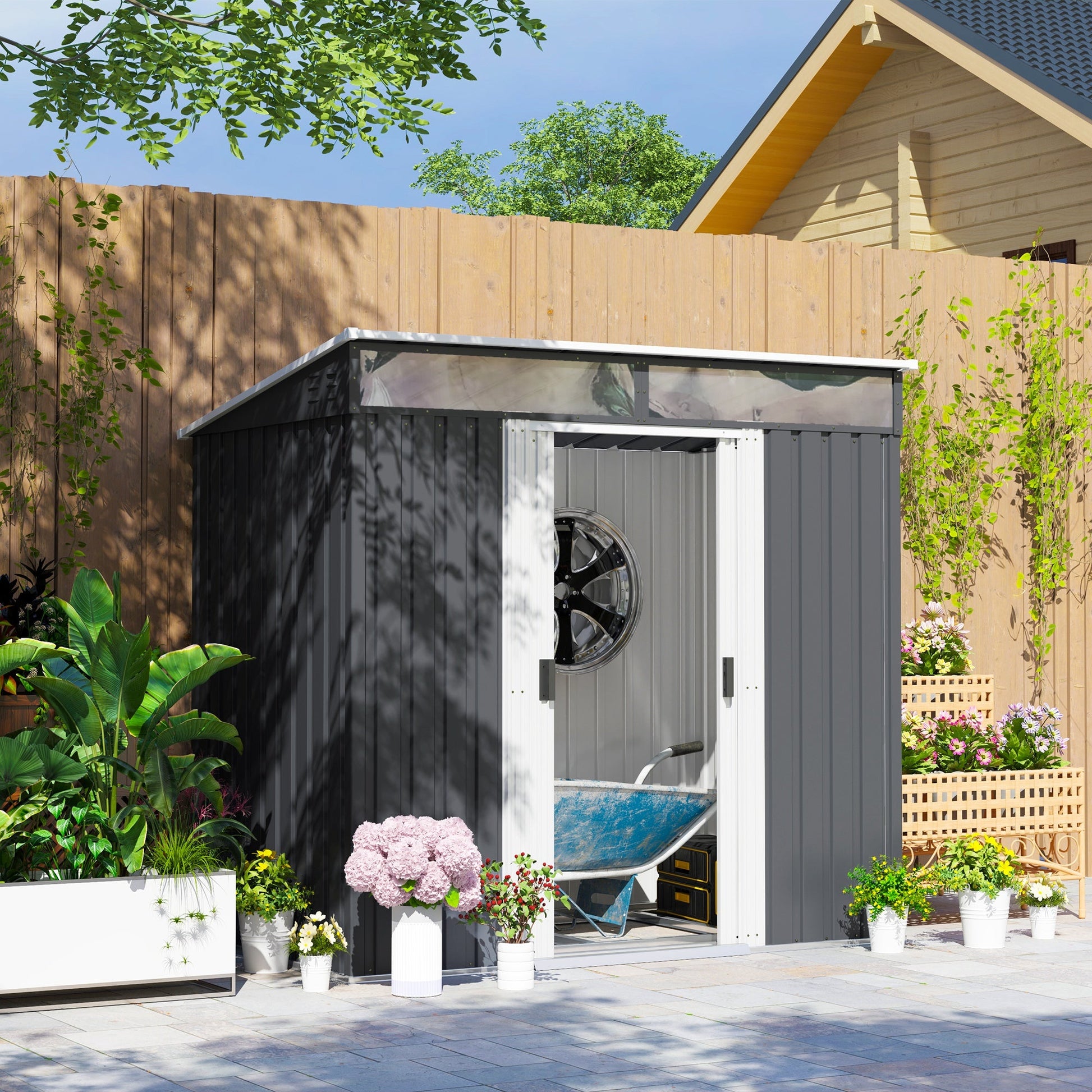 6.5' x 4' Outdoor Storage Shed with Foundation Kit, Lockable Metal Garden Tool Storage House Organizer with Sliding Doors and Vents for Backyard, Patio, Lawn, Grey