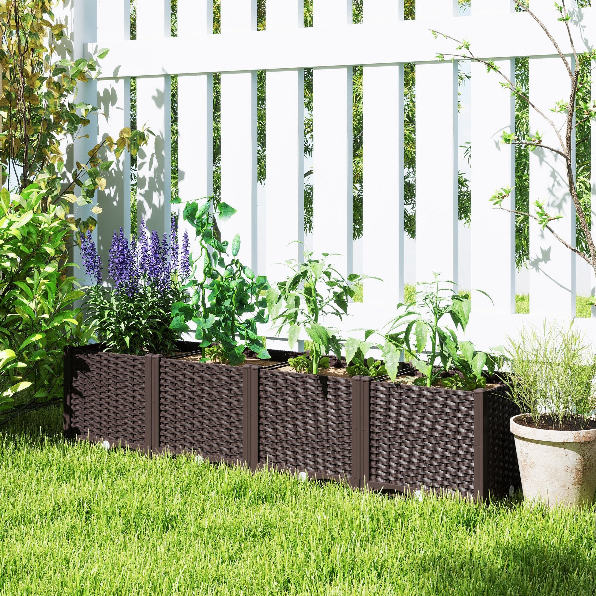 Plastic Raised Garden Bed, Outdoor Planter Box with Drainage Holes for Garden, Patio, Balcony, Deck, 63" x 15.7" x 14.6", Brown