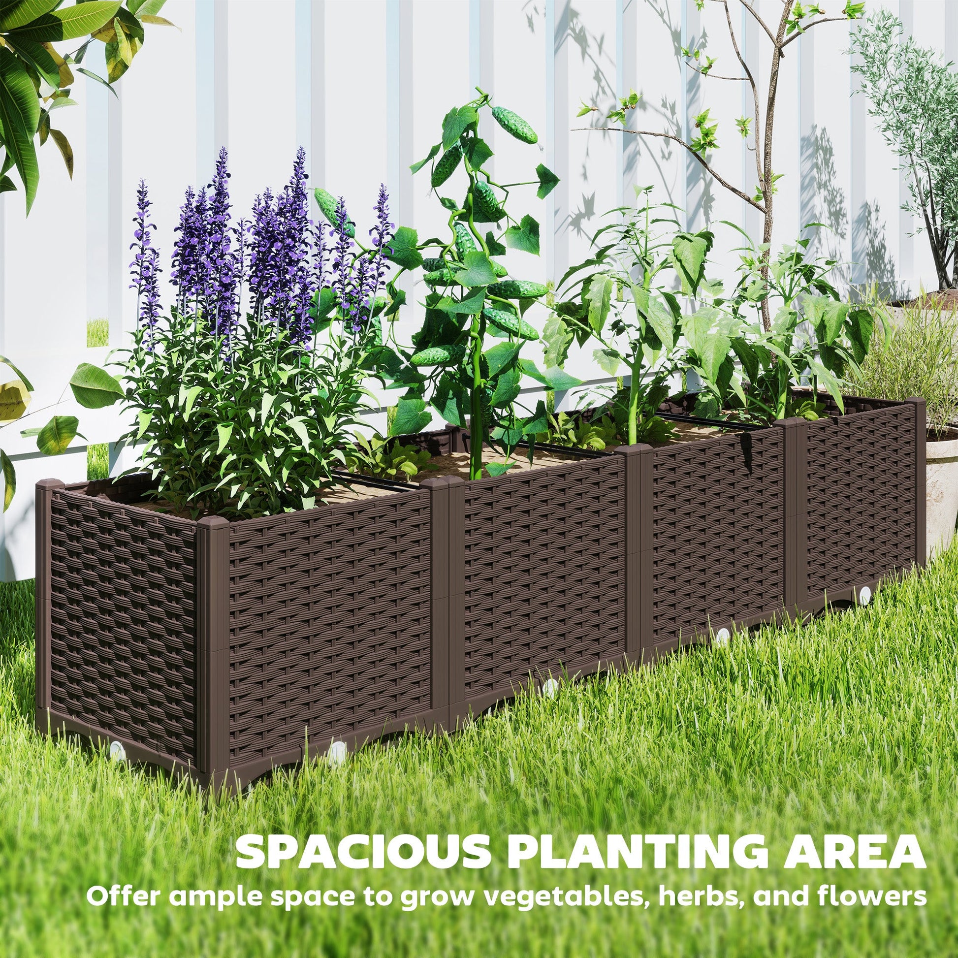 Plastic Raised Garden Bed, Outdoor Planter Box with Drainage Holes for Garden, Patio, Balcony, Deck, 63" x 15.7" x 14.6", Brown