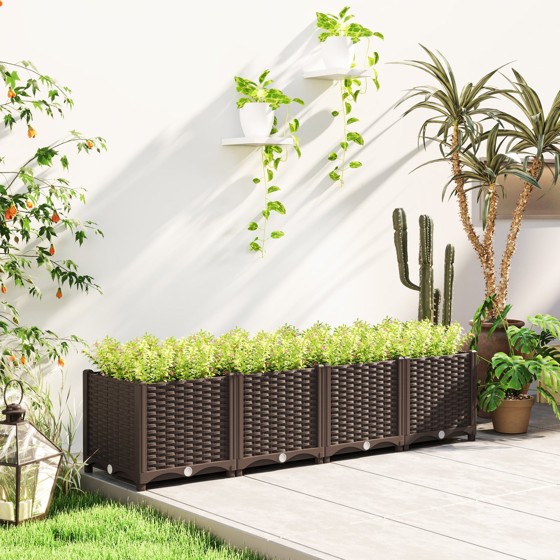 Plastic Raised Garden Bed, Outdoor Planter Box with Drainage Holes for Garden, Patio, Balcony, Deck, 63" x 15.7" x 14.6", Brown
