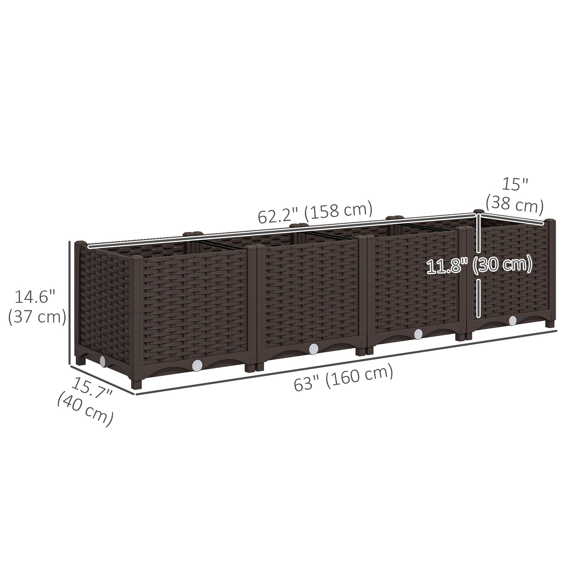 Plastic Raised Garden Bed, Outdoor Planter Box with Drainage Holes for Garden, Patio, Balcony, Deck, 63" x 15.7" x 14.6", Brown