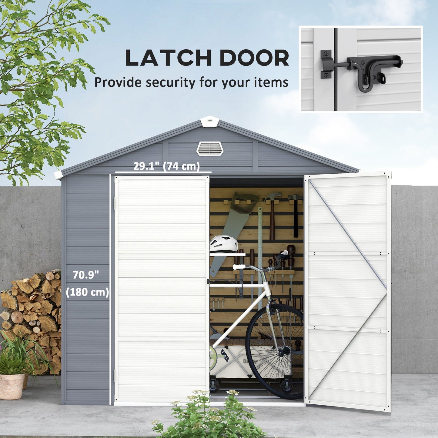 8' x 6' Garden Storage Shed, Outdoor Storage Patio Shed with Aluminum Frame, Galvanized Foundation Kit, Latched Door, Air Vents, Window for Backyard, Lawn, Dark Grey