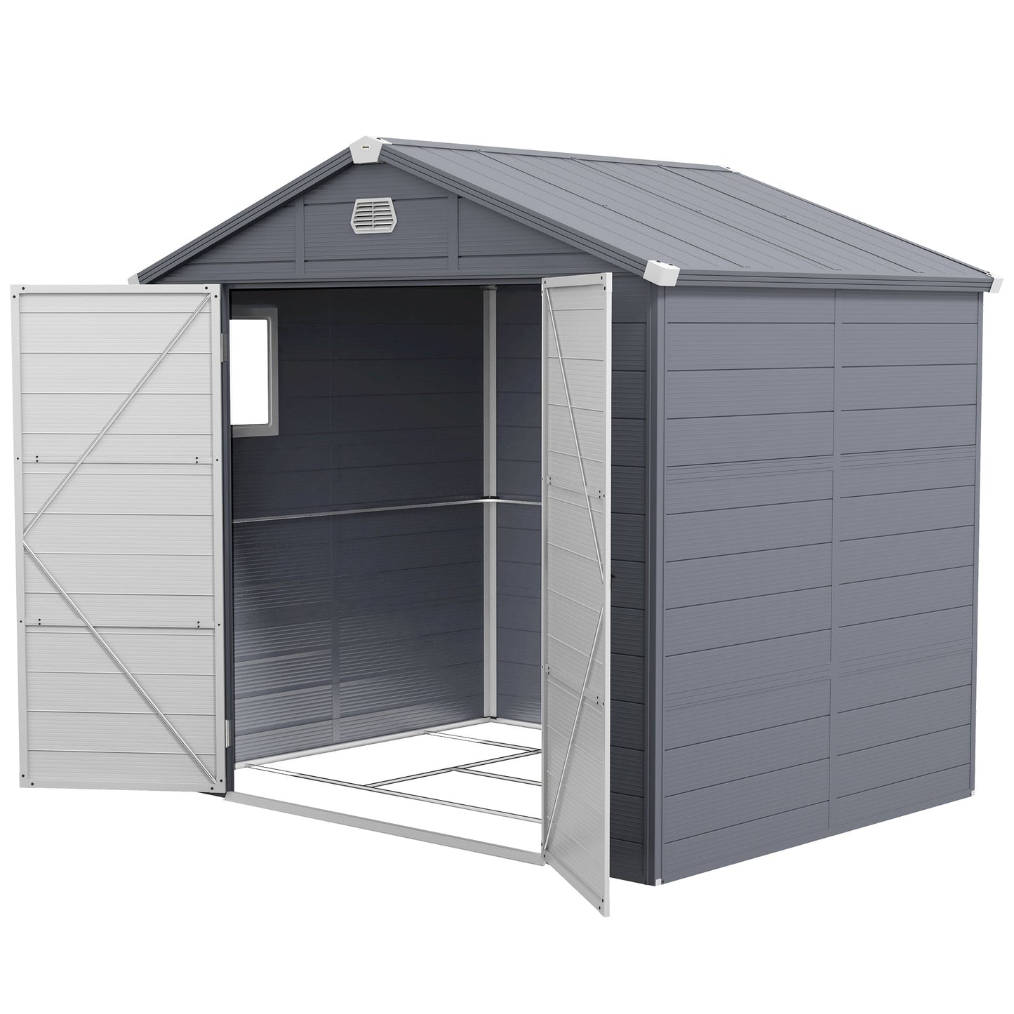 8' x 6' Garden Storage Shed, Outdoor Storage Patio Shed with Aluminum Frame, Galvanized Foundation Kit, Latched Door, Air Vents, Window for Backyard, Lawn, Dark Grey