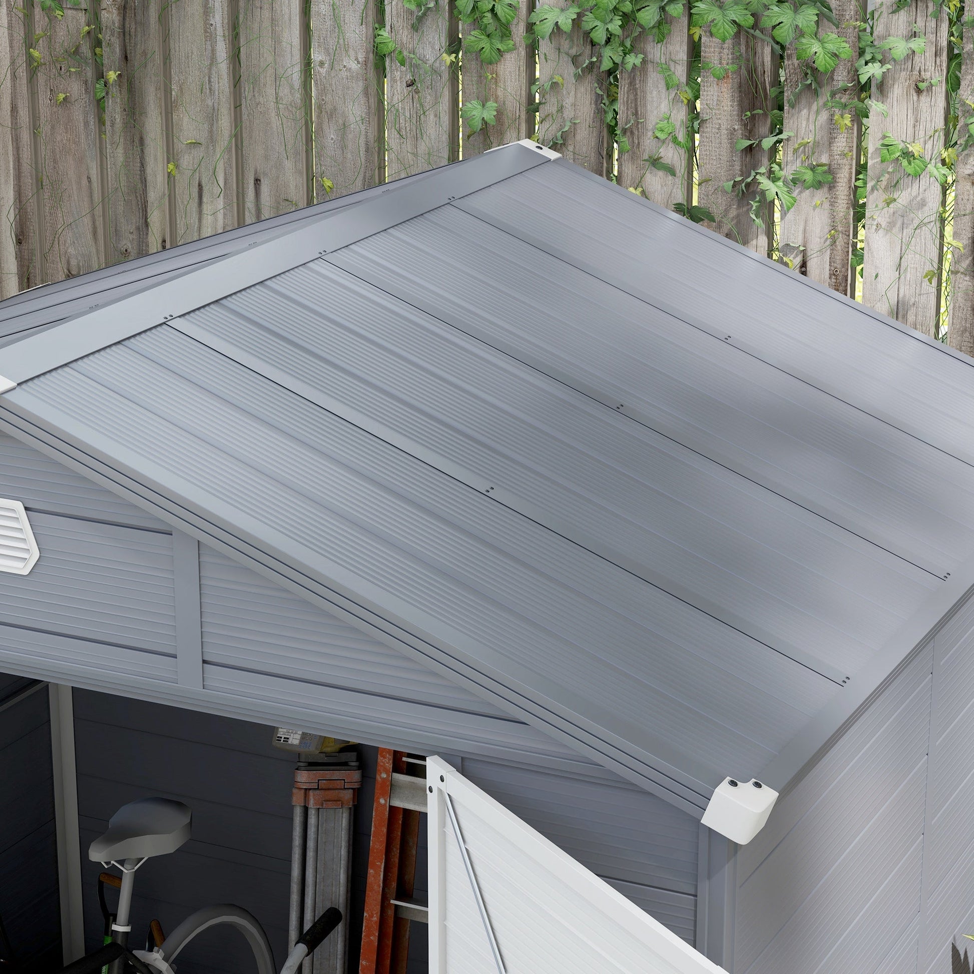 8' x 6' Garden Storage Shed, Outdoor Storage Patio Shed with Aluminum Frame, Galvanized Foundation Kit, Latched Door, Air Vents, Window for Backyard, Lawn, Dark Grey
