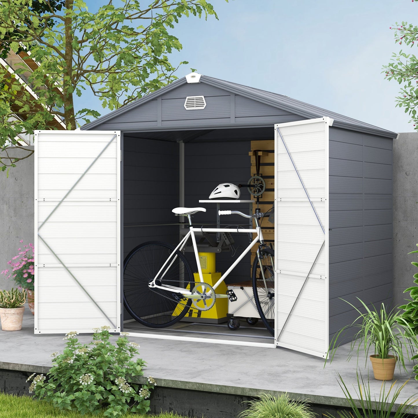 8' x 6' Garden Storage Shed, Outdoor Storage Patio Shed with Aluminum Frame, Galvanized Foundation Kit, Latched Door, Air Vents, Window for Backyard, Lawn, Dark Grey