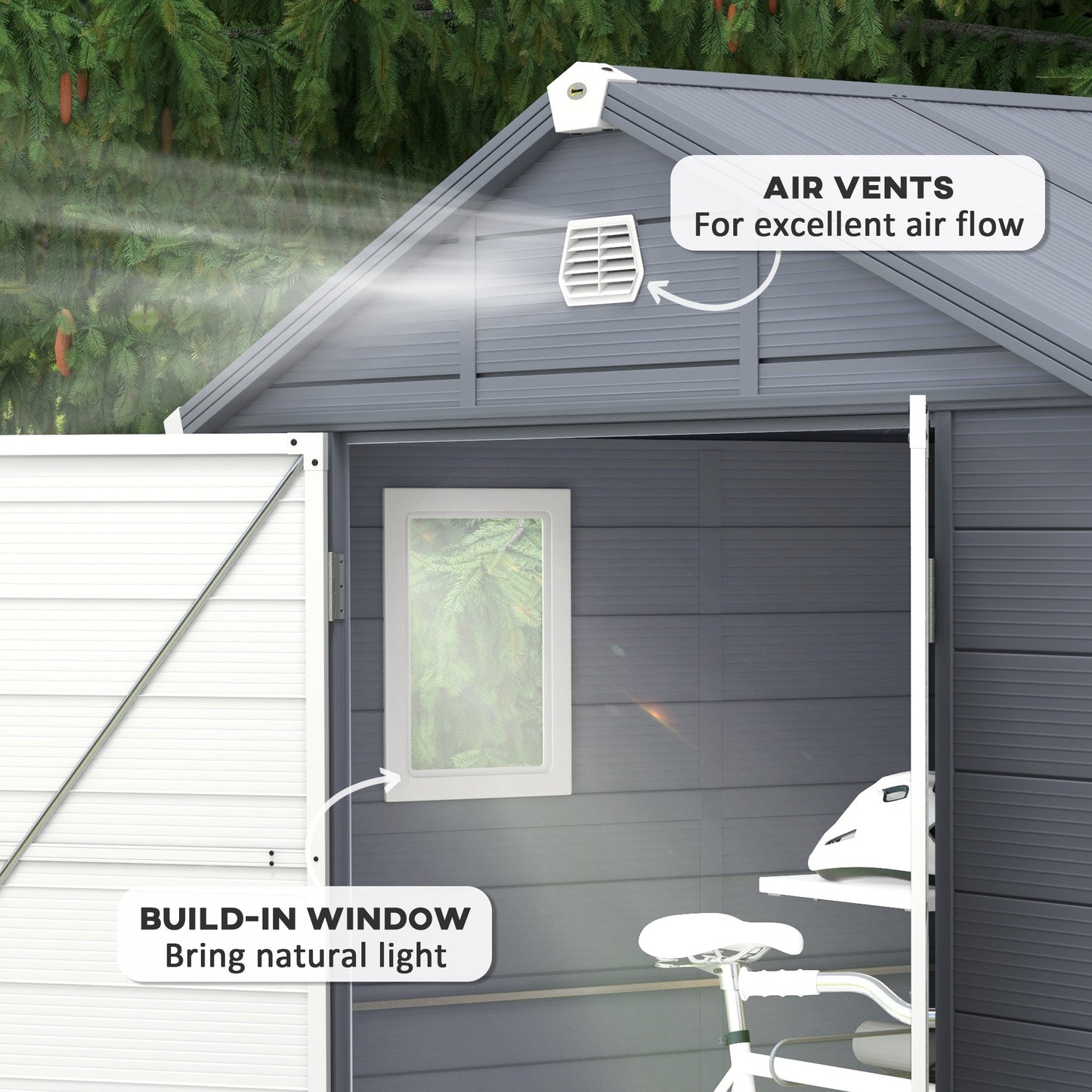 8' x 6' Garden Storage Shed, Outdoor Storage Patio Shed with Aluminum Frame, Galvanized Foundation Kit, Latched Door, Air Vents, Window for Backyard, Lawn, Dark Grey