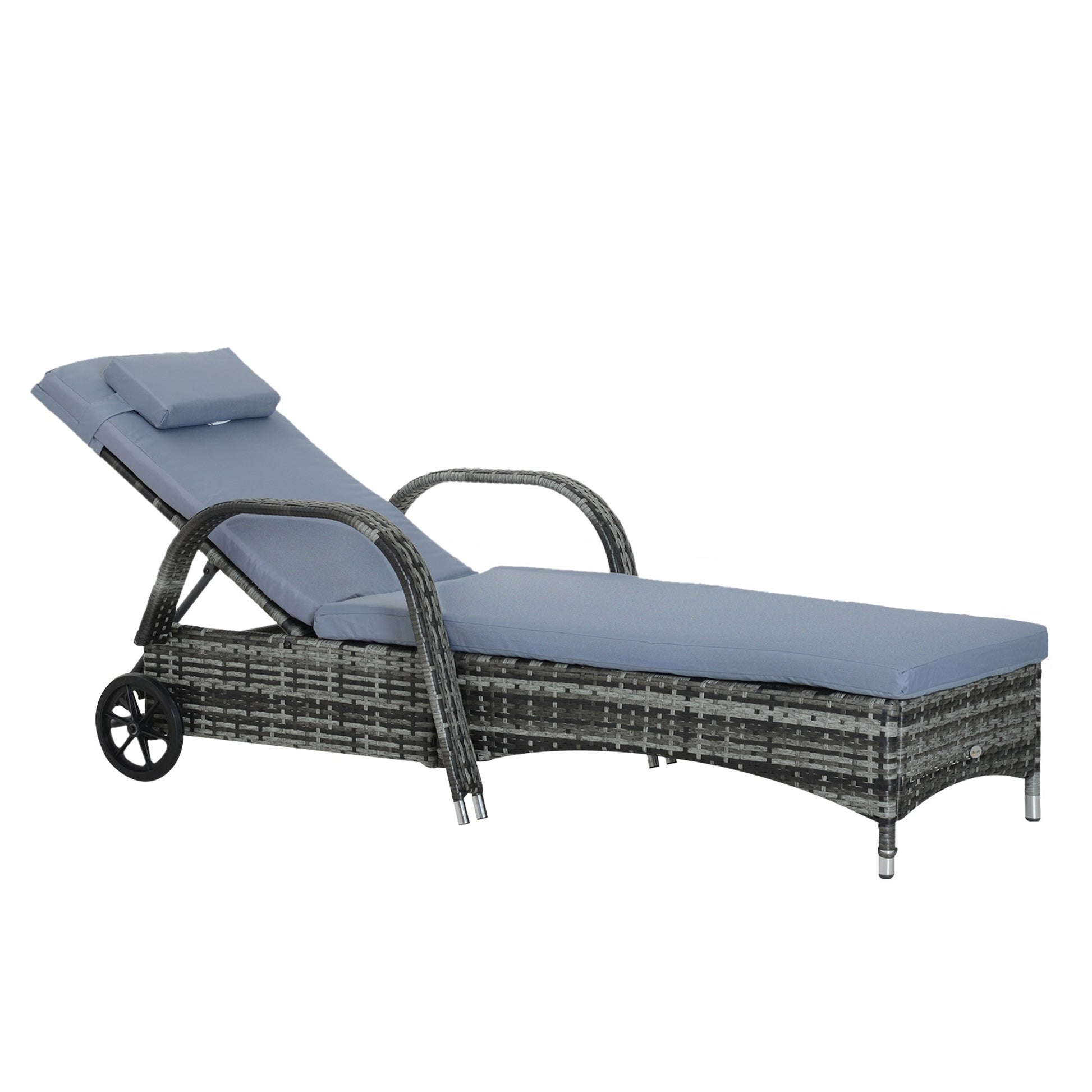 Wicker Chaise Lounge, Outdoor Lounge Chair, PE Rattan Patio Sun lounger with Head-rest, 5-Level Height Adjust Backrest, Cushion, & Wheels, Mixed Grey and Grey