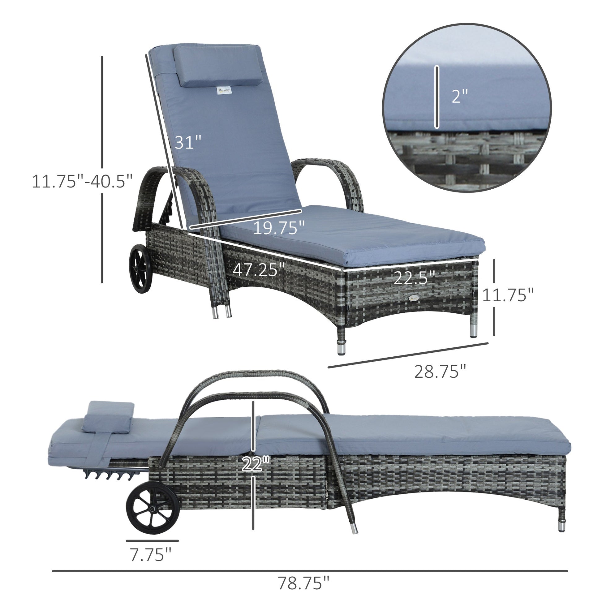 Wicker Chaise Lounge, Outdoor Lounge Chair, PE Rattan Patio Sun lounger with Head-rest, 5-Level Height Adjust Backrest, Cushion, & Wheels, Mixed Grey and Grey