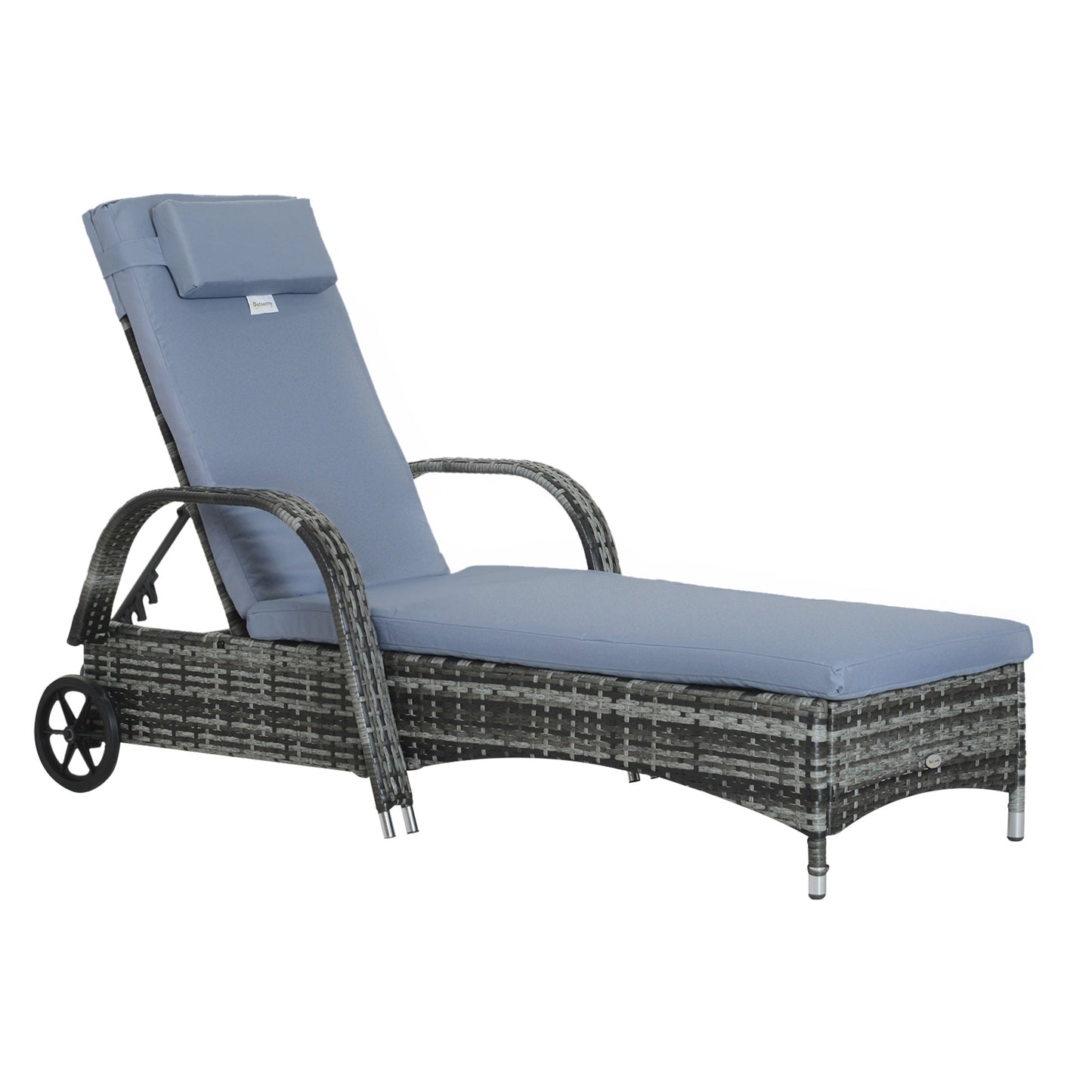 Wicker Chaise Lounge, Outdoor Lounge Chair, PE Rattan Patio Sun lounger with Head-rest, 5-Level Height Adjust Backrest, Cushion, & Wheels, Mixed Grey and Grey