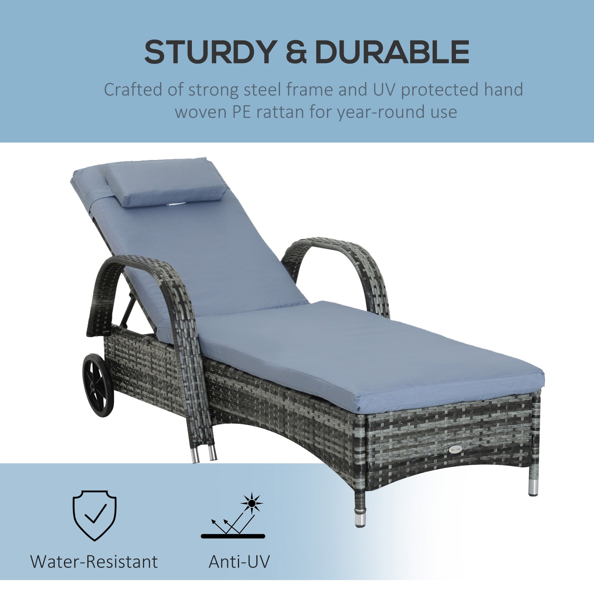 Wicker Chaise Lounge, Outdoor Lounge Chair, PE Rattan Patio Sun lounger with Head-rest, 5-Level Height Adjust Backrest, Cushion, & Wheels, Mixed Grey and Grey