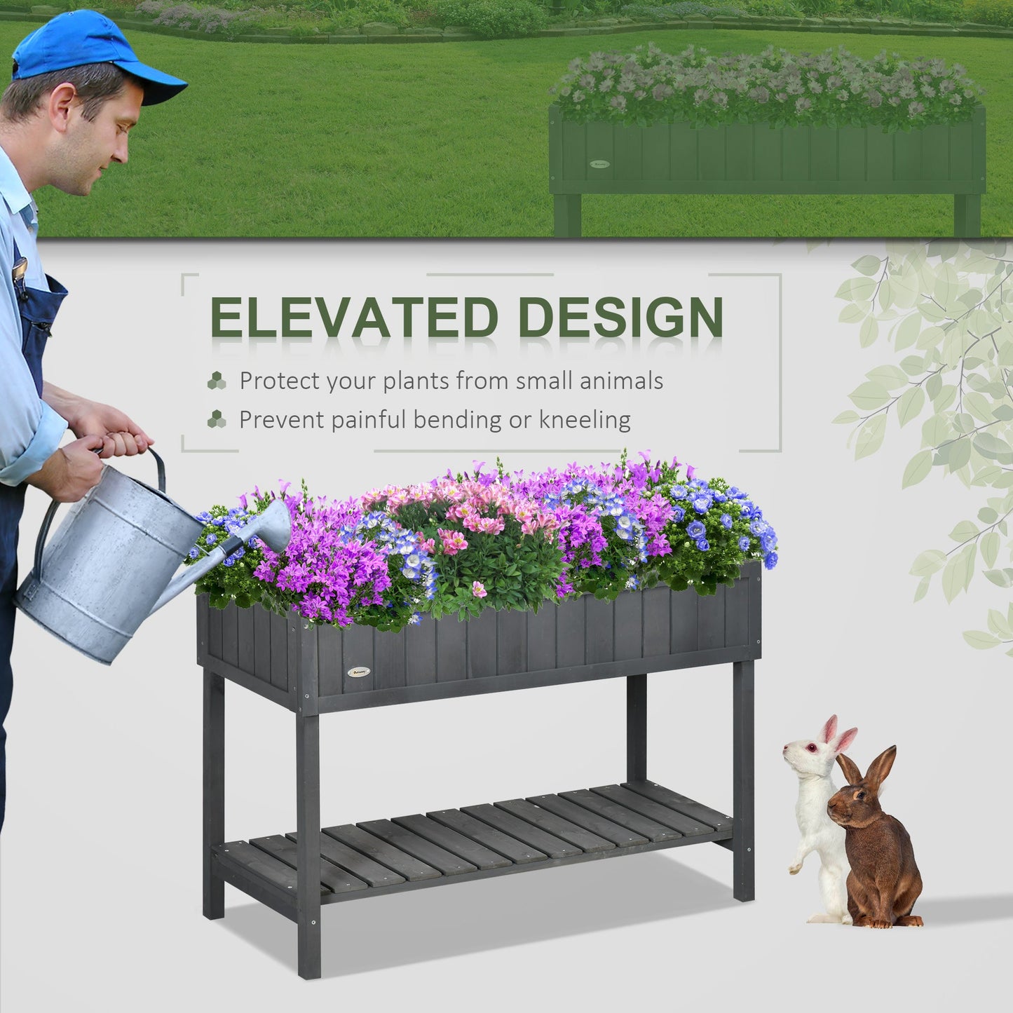 43" x 18" x 30" Raised Garden Bed, Wood Planter Box with Storage Shelf and 8 Pockets, to Grow Herbs, Vegetables, and Flowers, Dark Grey