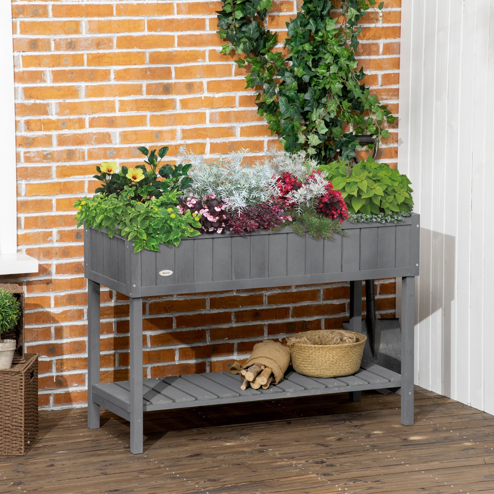 43" x 18" x 30" Raised Garden Bed, Wood Planter Box with Storage Shelf and 8 Pockets, to Grow Herbs, Vegetables, and Flowers, Dark Grey