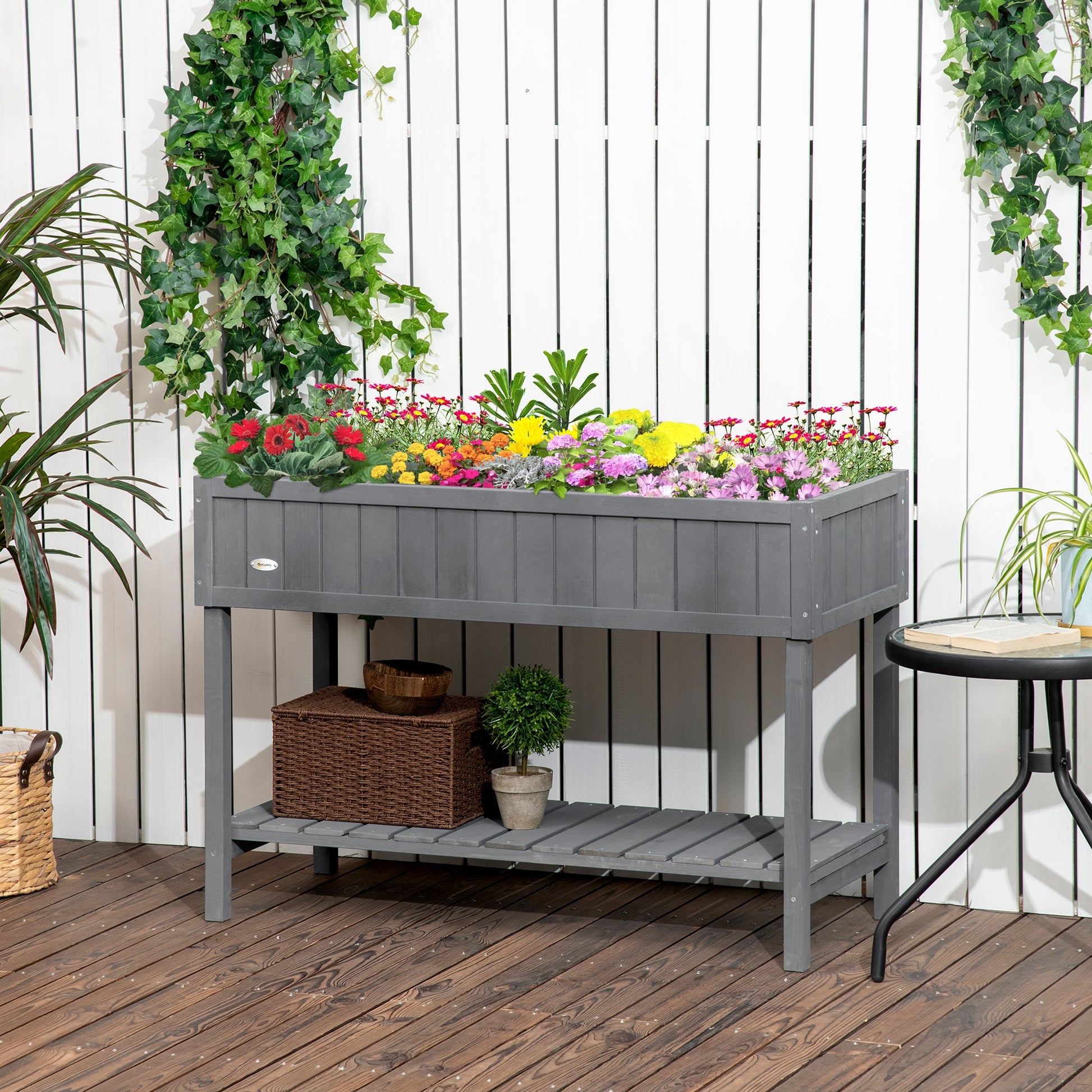 43" x 18" x 30" Raised Garden Bed, Wood Planter Box with Storage Shelf and 8 Pockets, to Grow Herbs, Vegetables, and Flowers, Dark Grey
