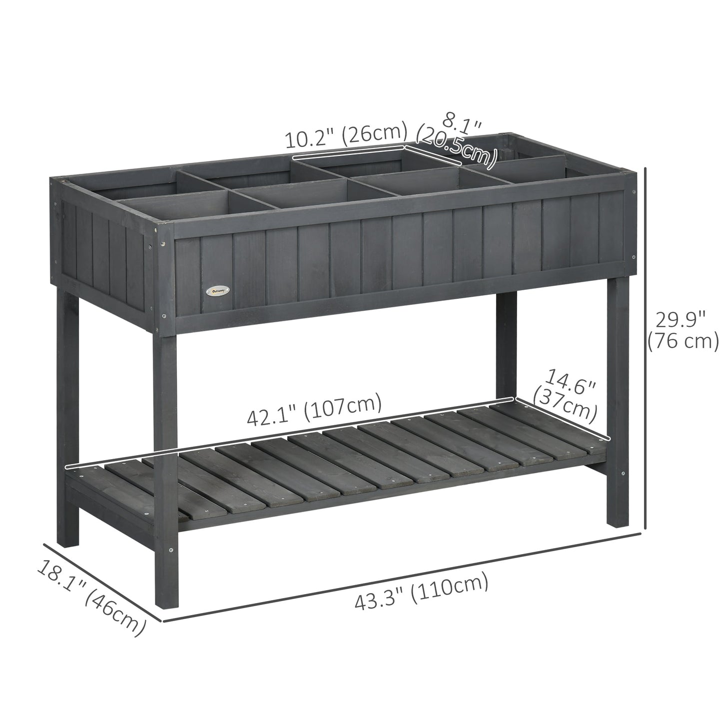 43" x 18" x 30" Raised Garden Bed, Wood Planter Box with Storage Shelf and 8 Pockets, to Grow Herbs, Vegetables, and Flowers, Dark Grey