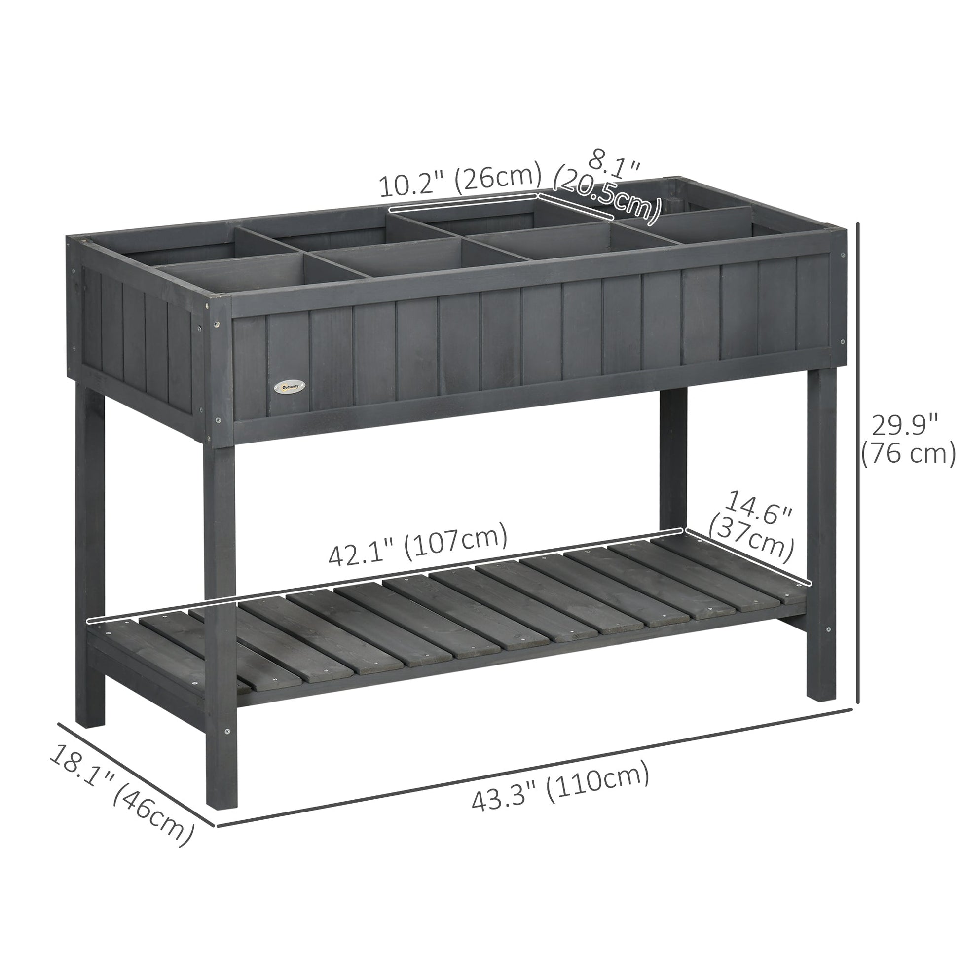 43" x 18" x 30" Raised Garden Bed, Wood Planter Box with Storage Shelf and 8 Pockets, to Grow Herbs, Vegetables, and Flowers, Dark Grey