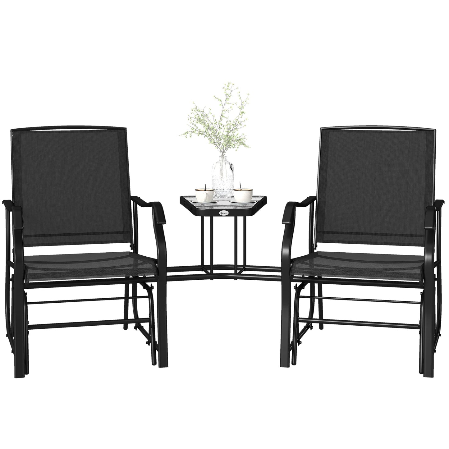 Double Patio Glider Chair with Glass Top Center Table, Outdoor Glider Loveseat with High Back,  All Weather Breathable Mesh Fabric for Garden, Backyard, Deck, Black