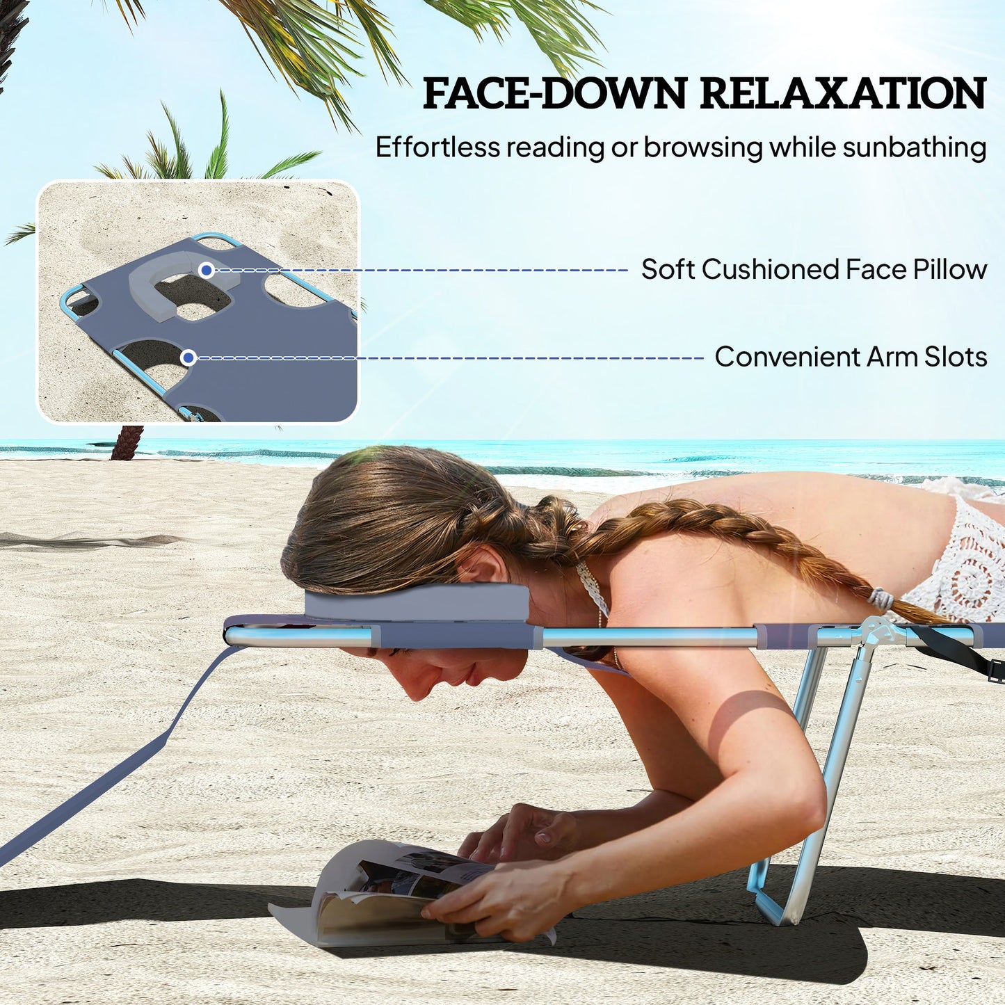 Folding Lounge Chair Outdoor Tanning Chair with Face Hole, 5-Position Reclining Sun Lounger Chaise Lounge Cot with Side Pocket, Carry Strap for Beach Pool, Yard, Grey
