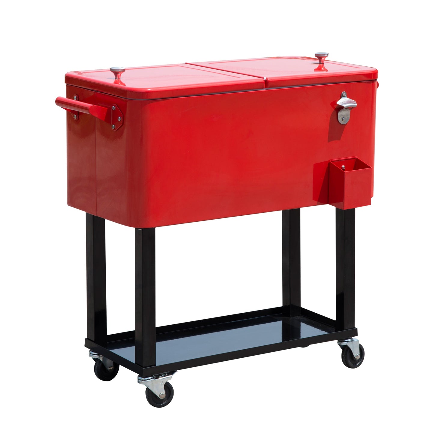 80 Quart Rolling Cooler Cart Portable Patio Ice Beer Beverage Cooling Bin for Outdoor Party w/ Bottle Opener & Storage Shelf Red