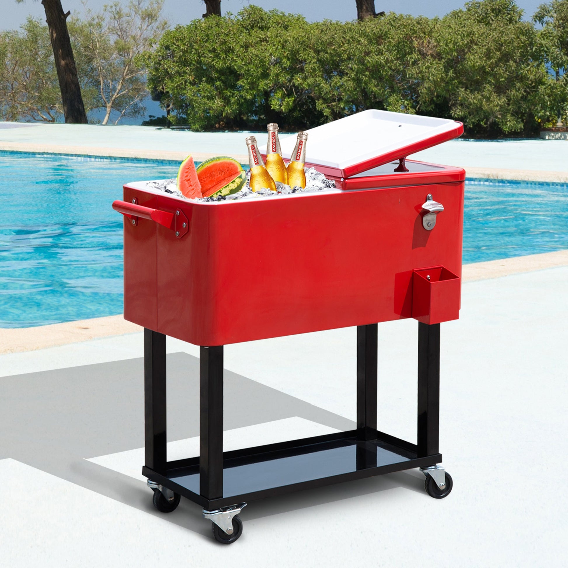 80 Quart Rolling Cooler Cart Portable Patio Ice Beer Beverage Cooling Bin for Outdoor Party w/ Bottle Opener & Storage Shelf Red