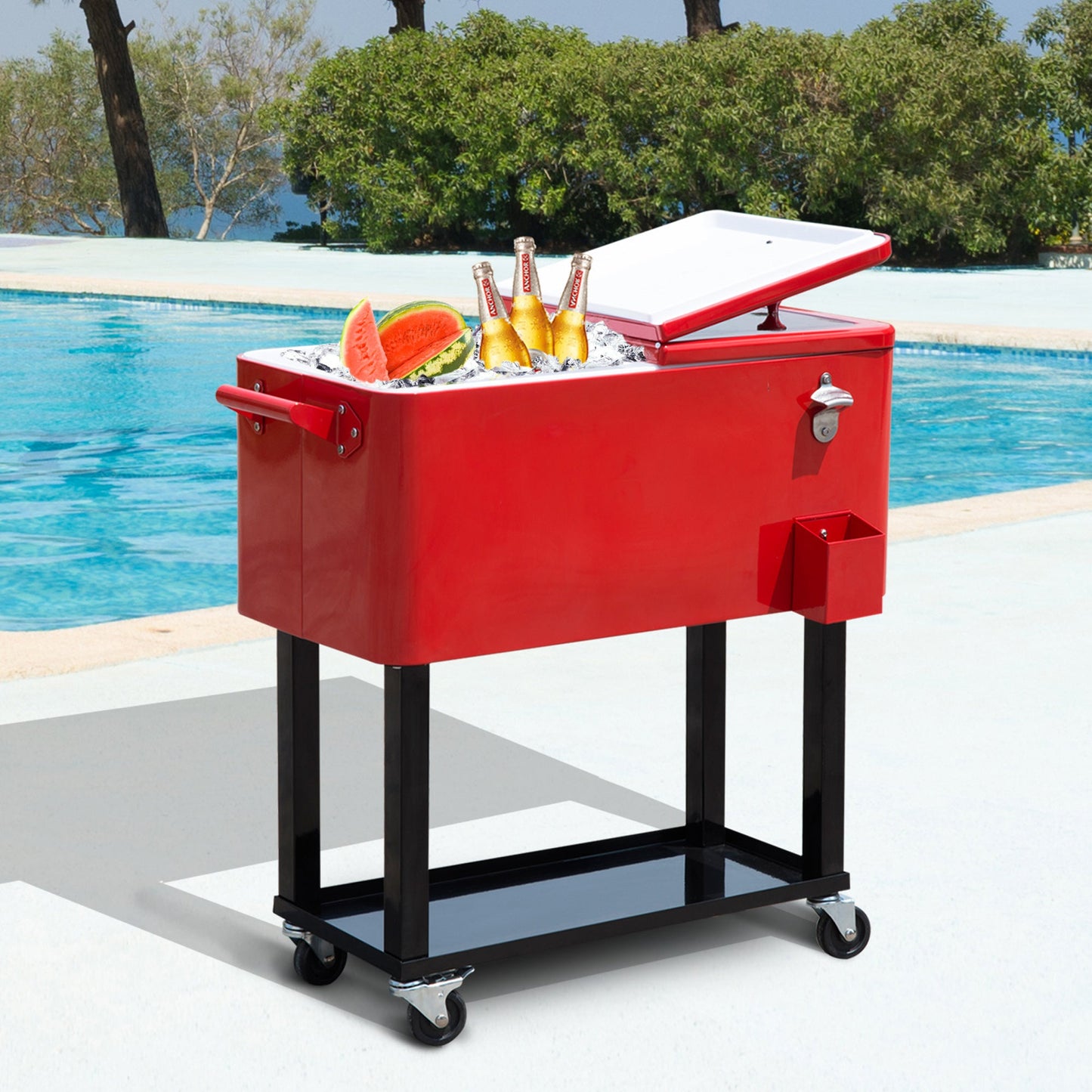 80 Quart Rolling Cooler Cart Portable Patio Ice Beer Beverage Cooling Bin for Outdoor Party w/ Bottle Opener & Storage Shelf Red