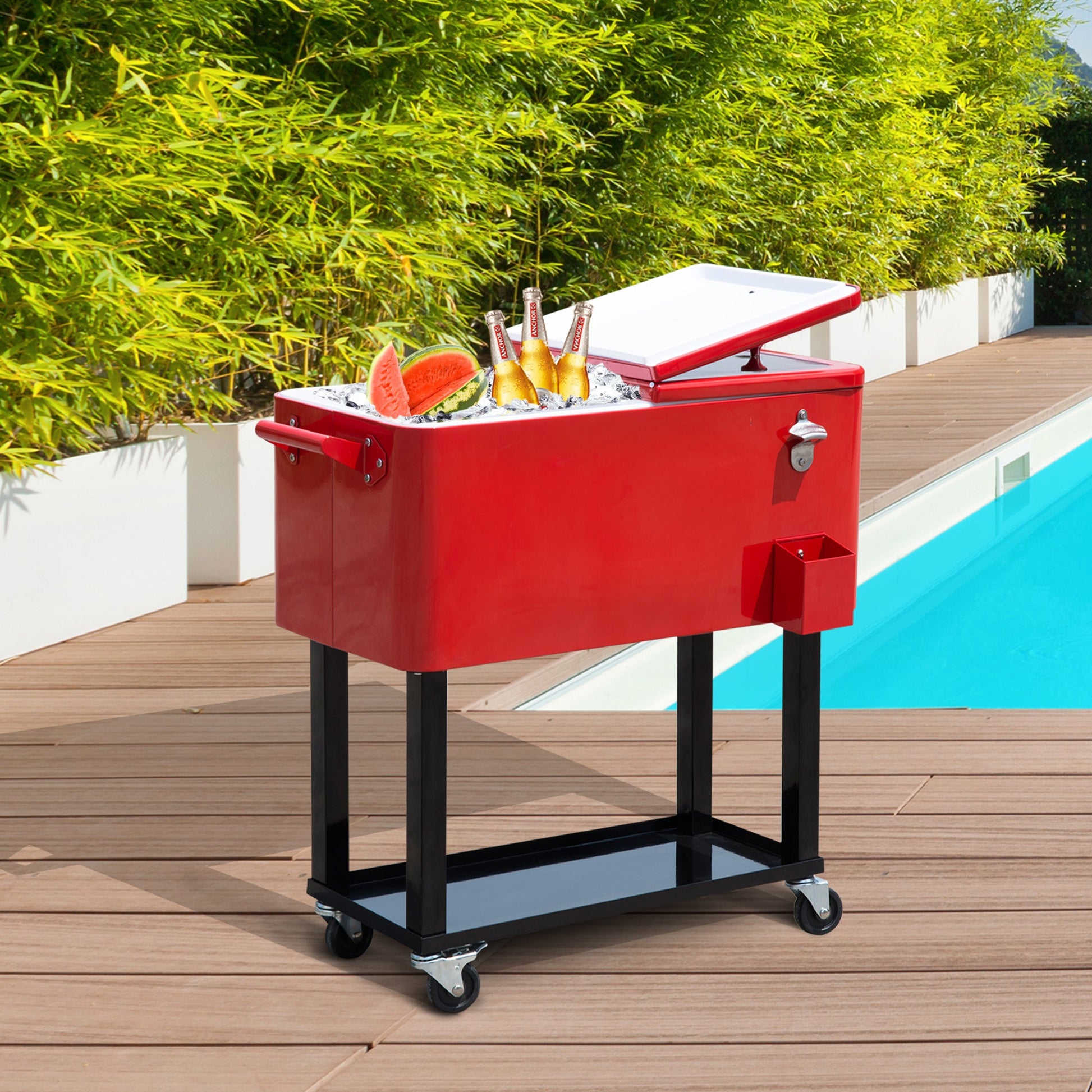 80 Quart Rolling Cooler Cart Portable Patio Ice Beer Beverage Cooling Bin for Outdoor Party w/ Bottle Opener & Storage Shelf Red