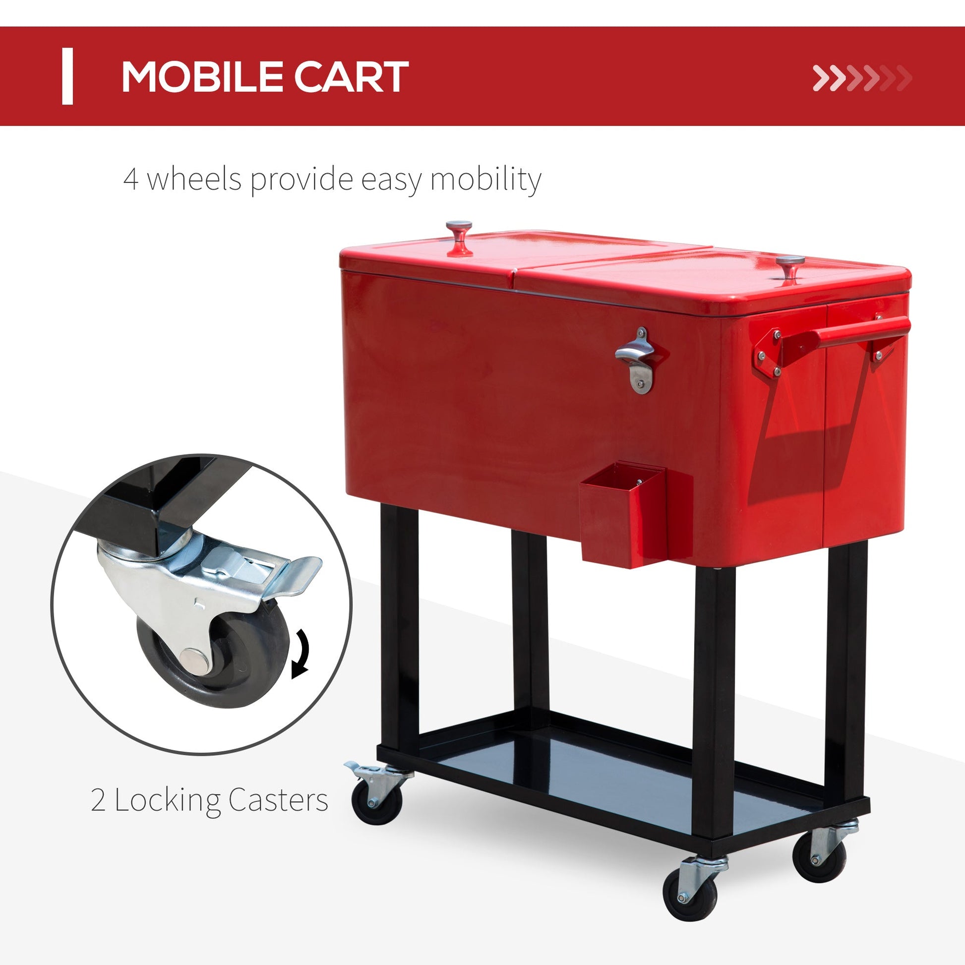 80 Quart Rolling Cooler Cart Portable Patio Ice Beer Beverage Cooling Bin for Outdoor Party w/ Bottle Opener & Storage Shelf Red