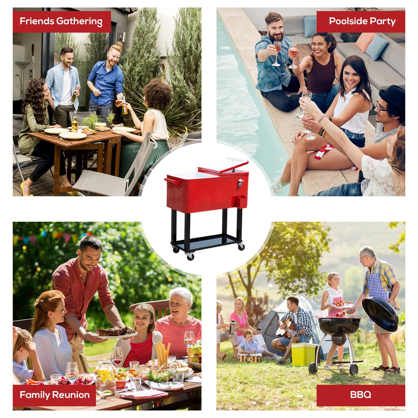 80 Quart Rolling Cooler Cart Portable Patio Ice Beer Beverage Cooling Bin for Outdoor Party w/ Bottle Opener & Storage Shelf Red