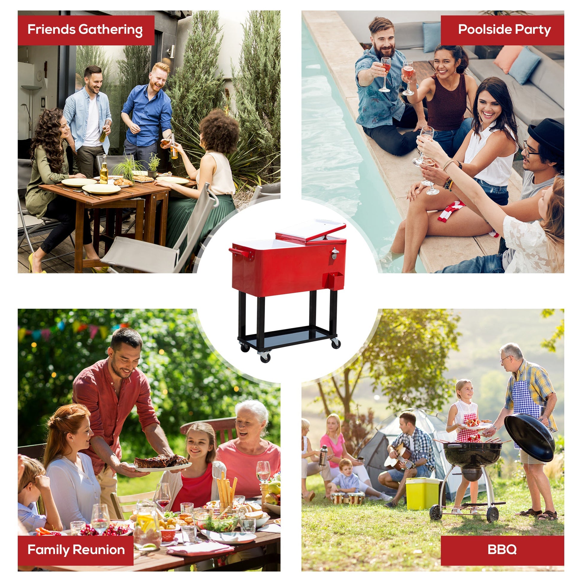 80 Quart Rolling Cooler Cart Portable Patio Ice Beer Beverage Cooling Bin for Outdoor Party w/ Bottle Opener & Storage Shelf Red