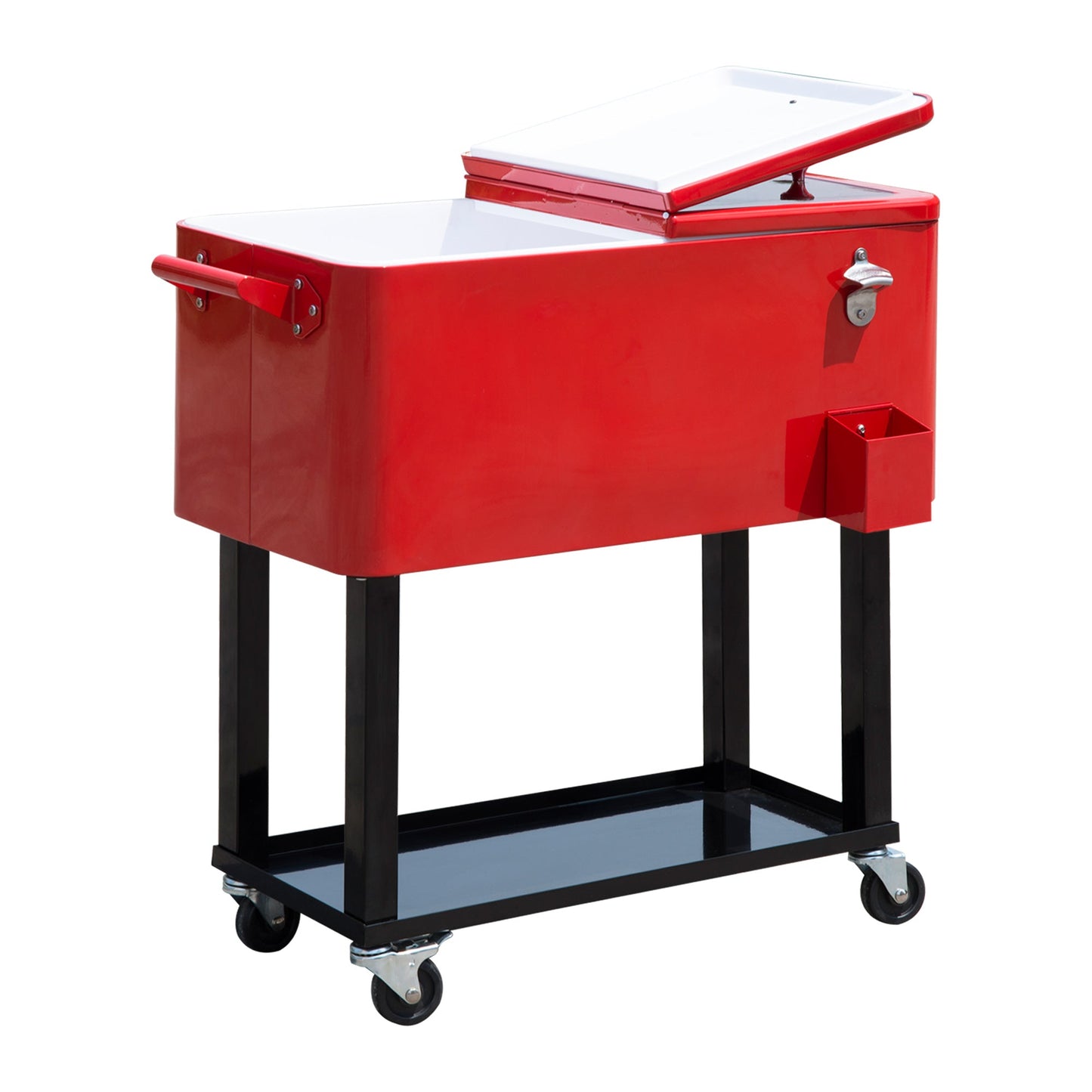 80 Quart Rolling Cooler Cart Portable Patio Ice Beer Beverage Cooling Bin for Outdoor Party w/ Bottle Opener & Storage Shelf Red