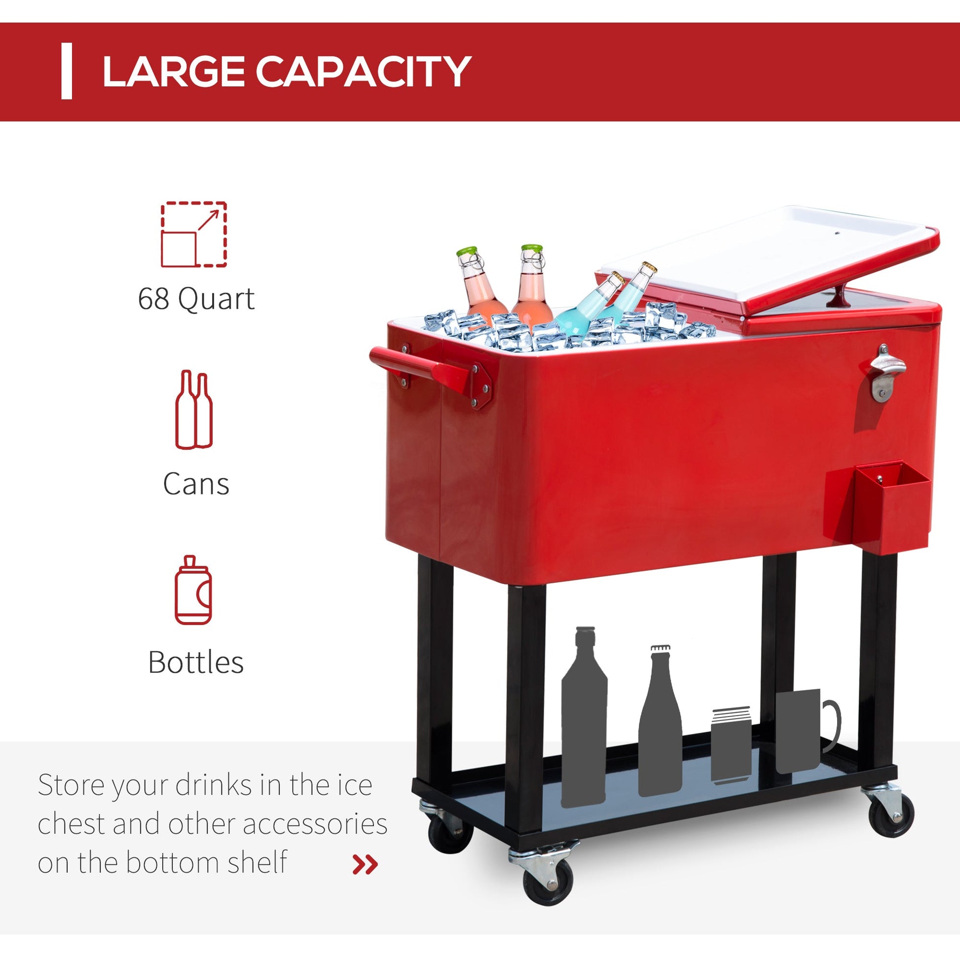 80 Quart Rolling Cooler Cart Portable Patio Ice Beer Beverage Cooling Bin for Outdoor Party w/ Bottle Opener & Storage Shelf Red